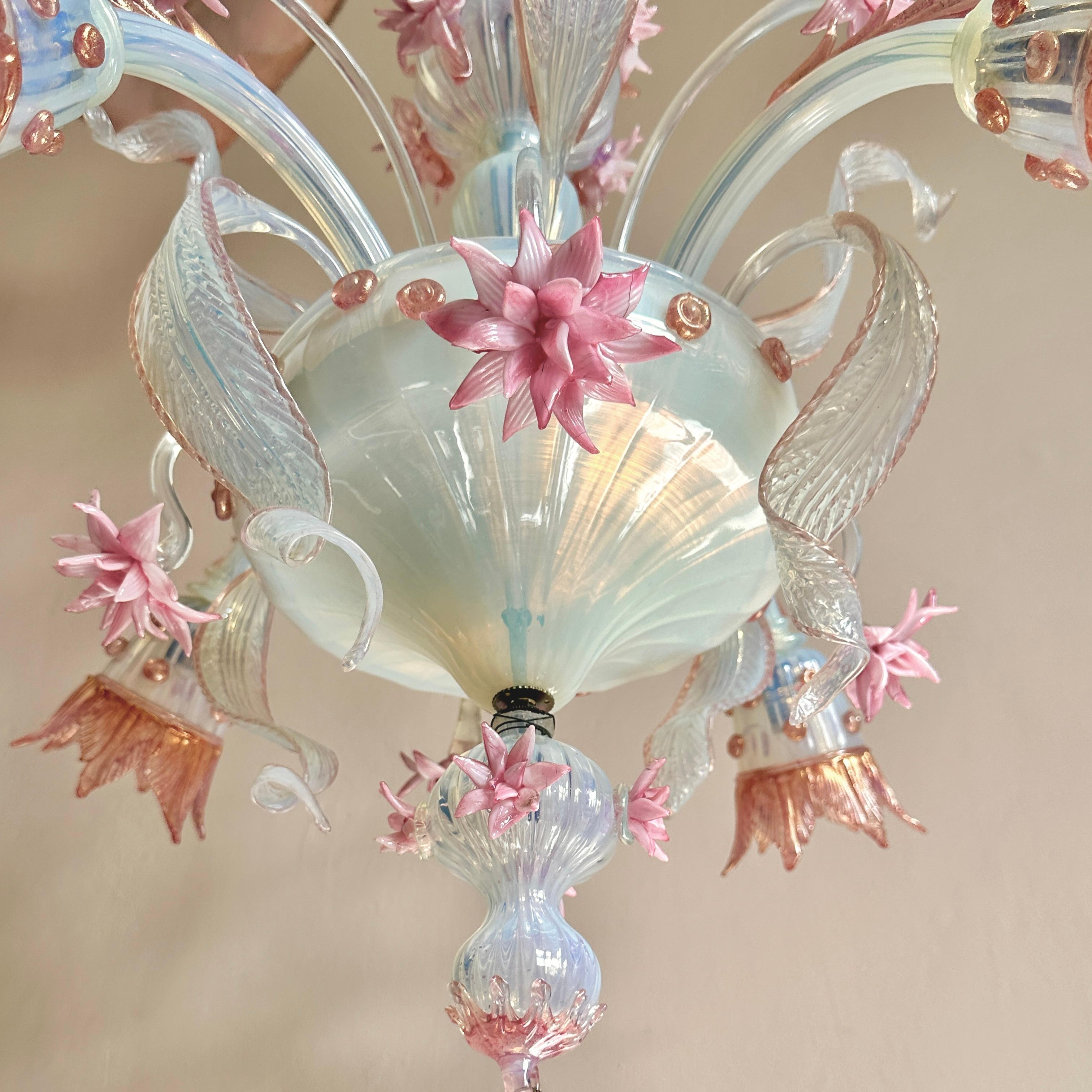 Hand-Crafted Early C20th Murano Opaline Glass Chandelier For Sale