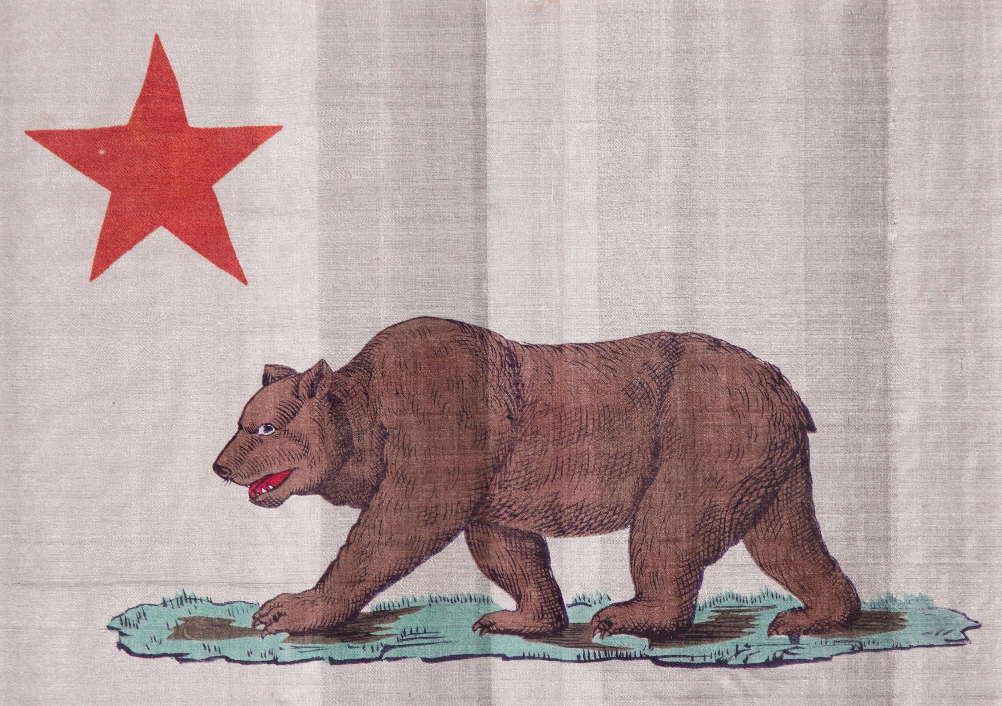EARLY KERCHIEF IN THE FORM OF THE CALIFORNIA STATE BEAR FLAG, PROBABLY MADE FOR THE PANAMA-PACIFIC INTERNATIONAL EXPOSITION IN SAN FRANCISCO IN 1915

Printed on silk, this beautiful kerchief is styled in the format of the California State flag.