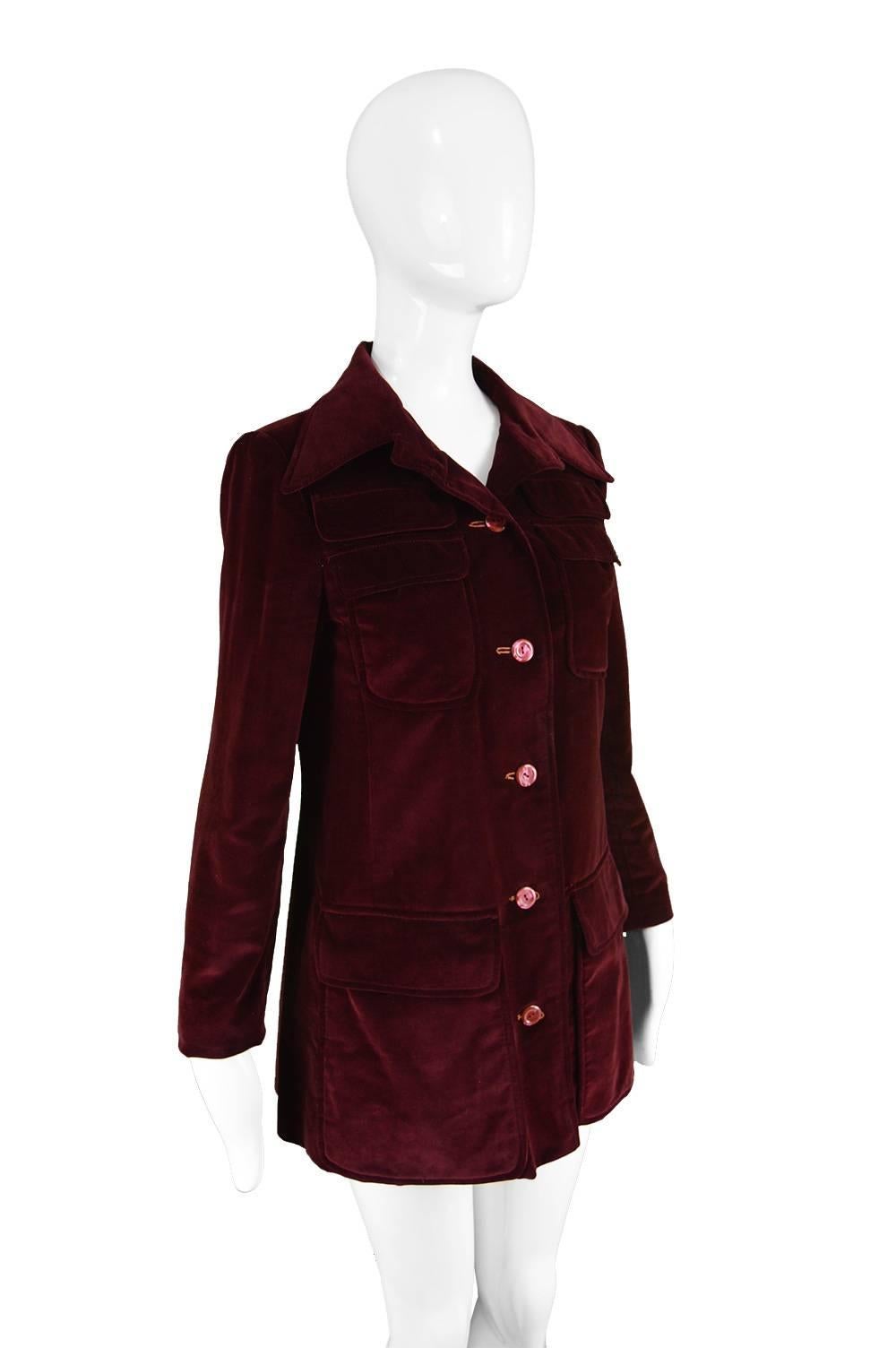Women's Early Calvin Klein Vintage 1970s Dark Red Velvet Dagger Collar Mod Jacket
