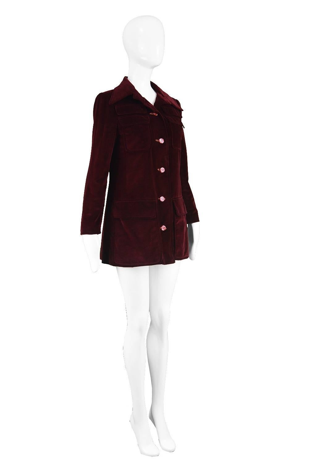 Early Calvin Klein Vintage 1970s Dark Red Velvet Dagger Collar Mod Jacket For Sale 1
