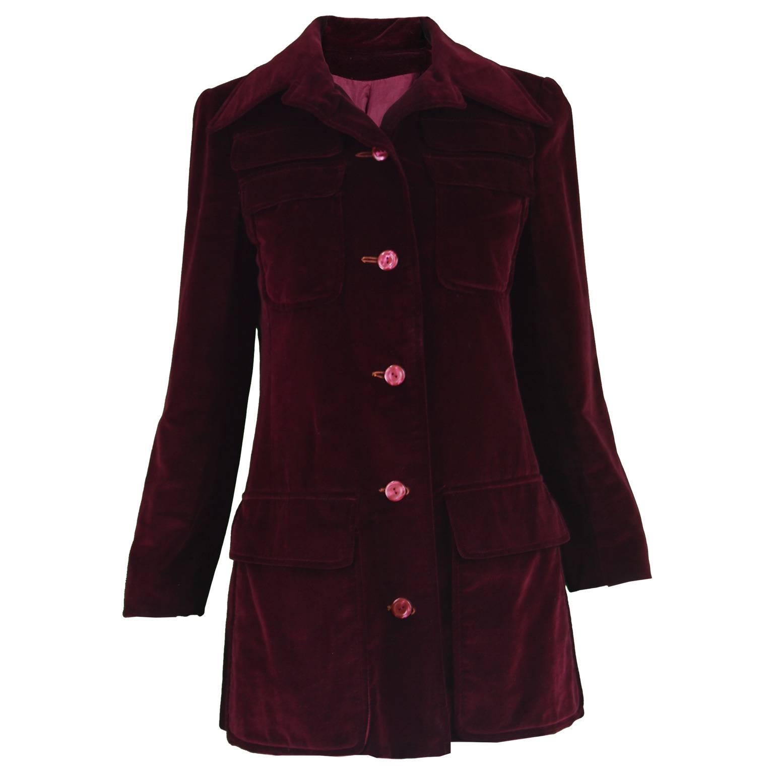 Early Calvin Klein Vintage 1970s Dark Red Velvet Dagger Collar Mod Jacket For Sale