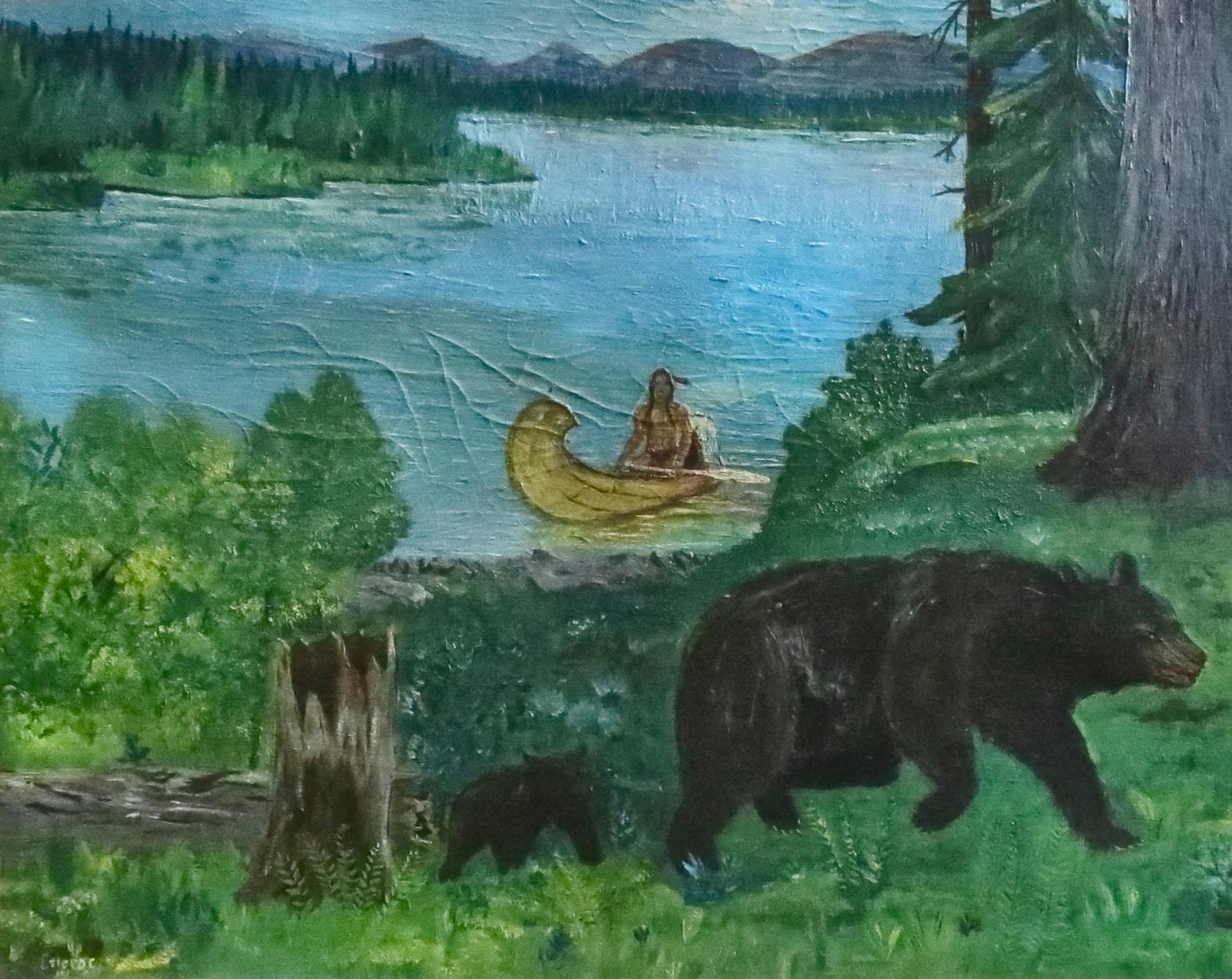 Oiled Early Canadian Landscape Indian and Bear Themed Painting Signed and Dated 
