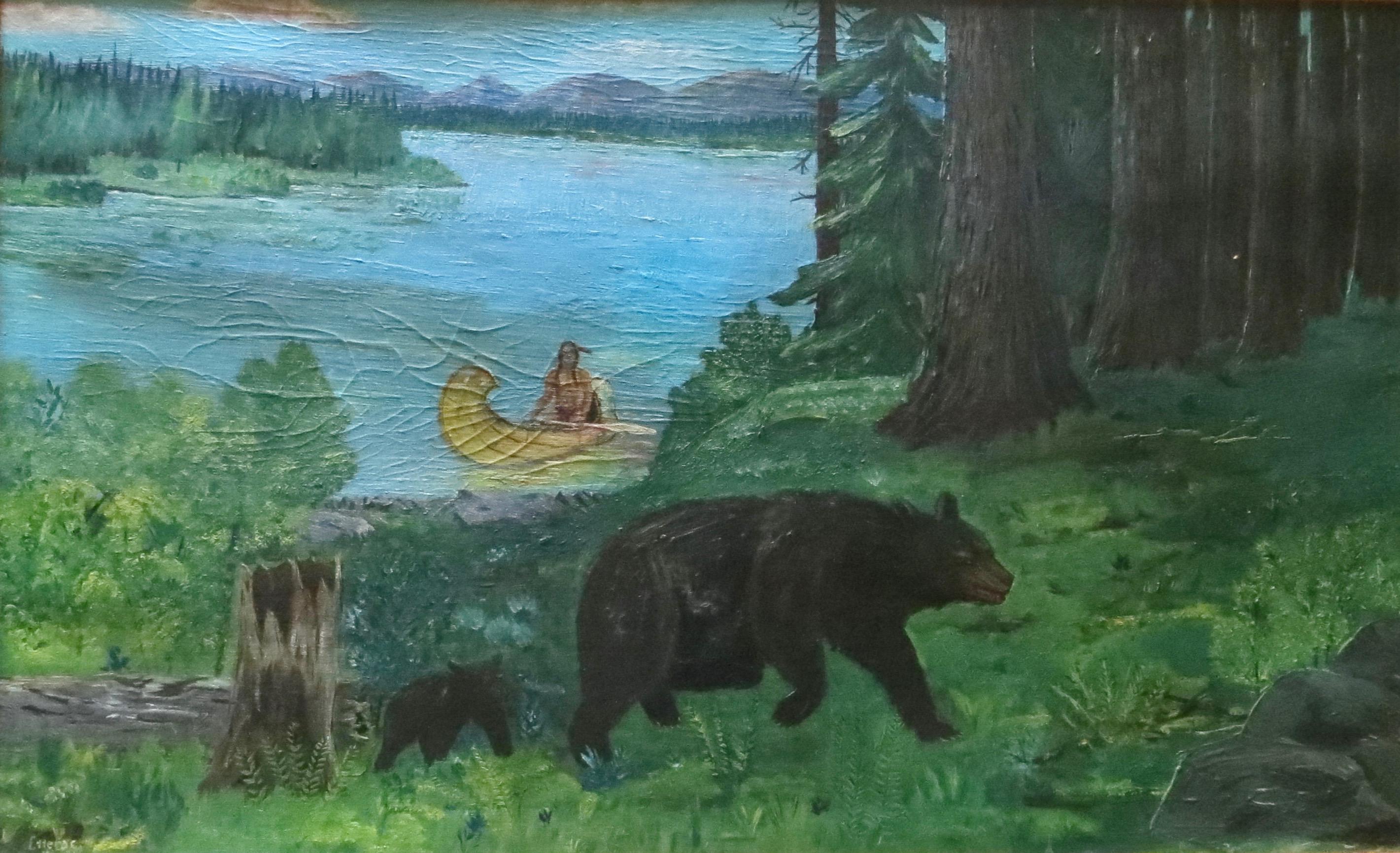 Early Canadian Landscape Indian and Bear Themed Painting Signed and Dated 