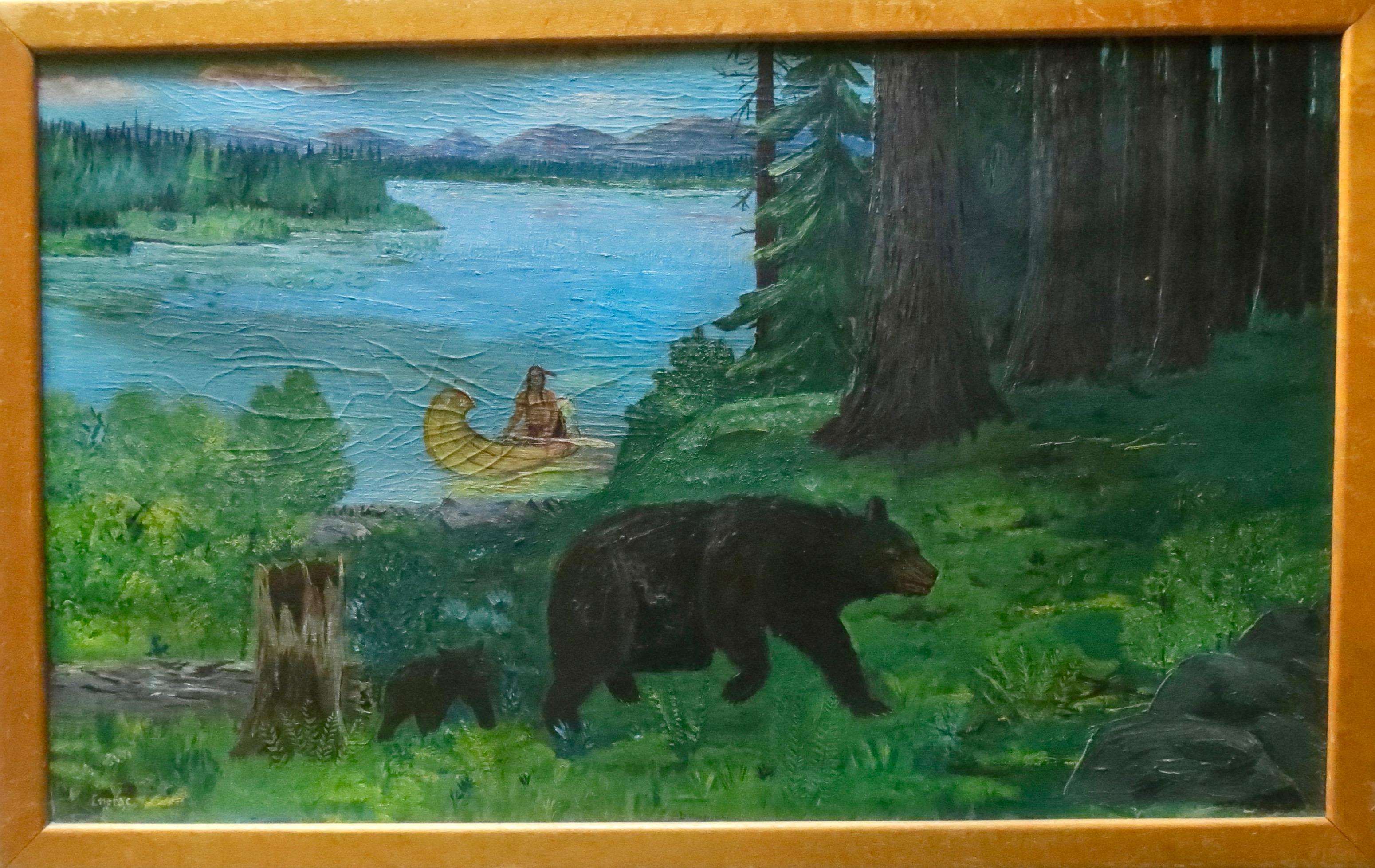 Early Canadian Landscape Indian and Bear Themed Painting Signed and Dated 