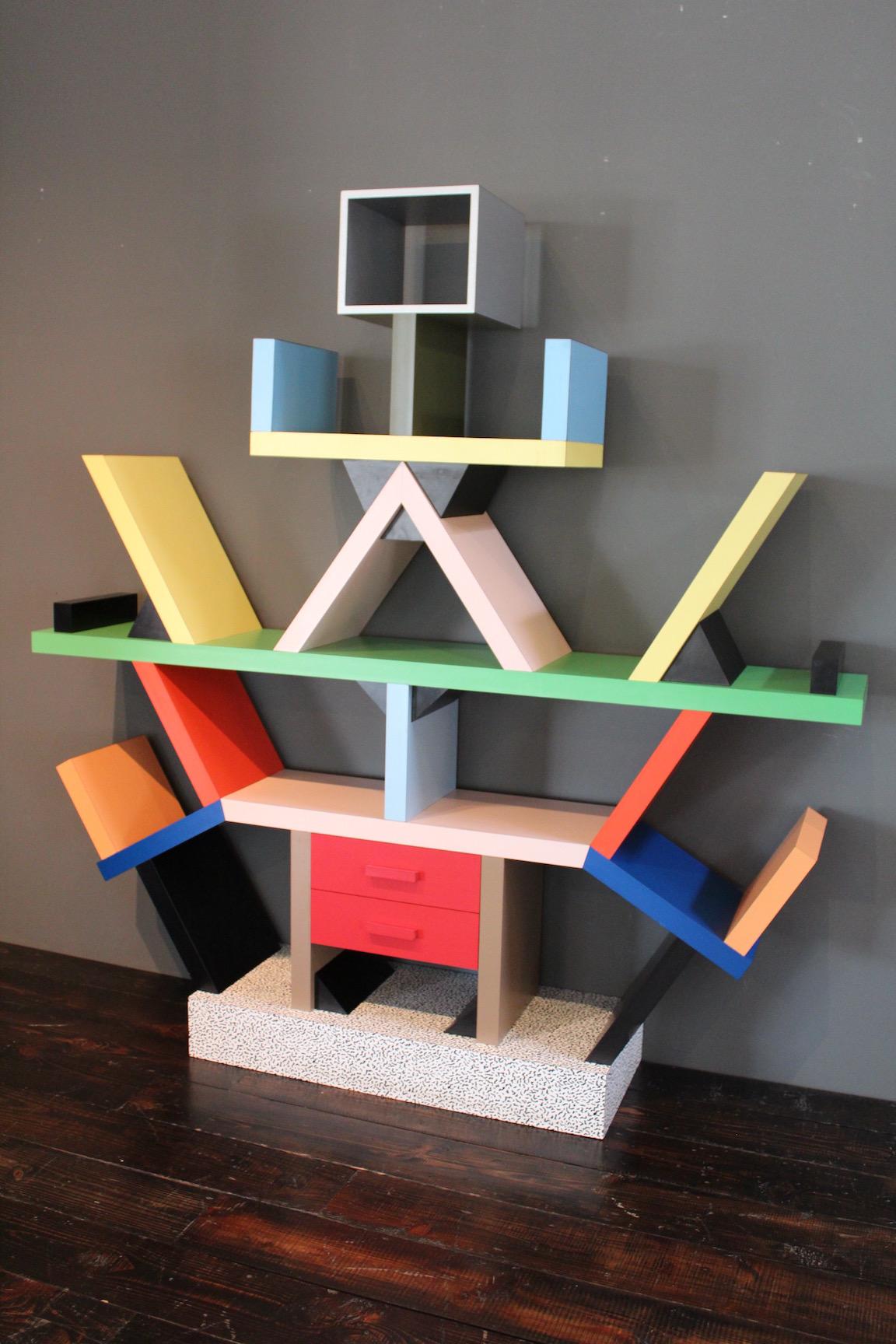An iconic, early example of the Carlton bookcase designed by Ettore Sottsass for Memphis, 1981.
