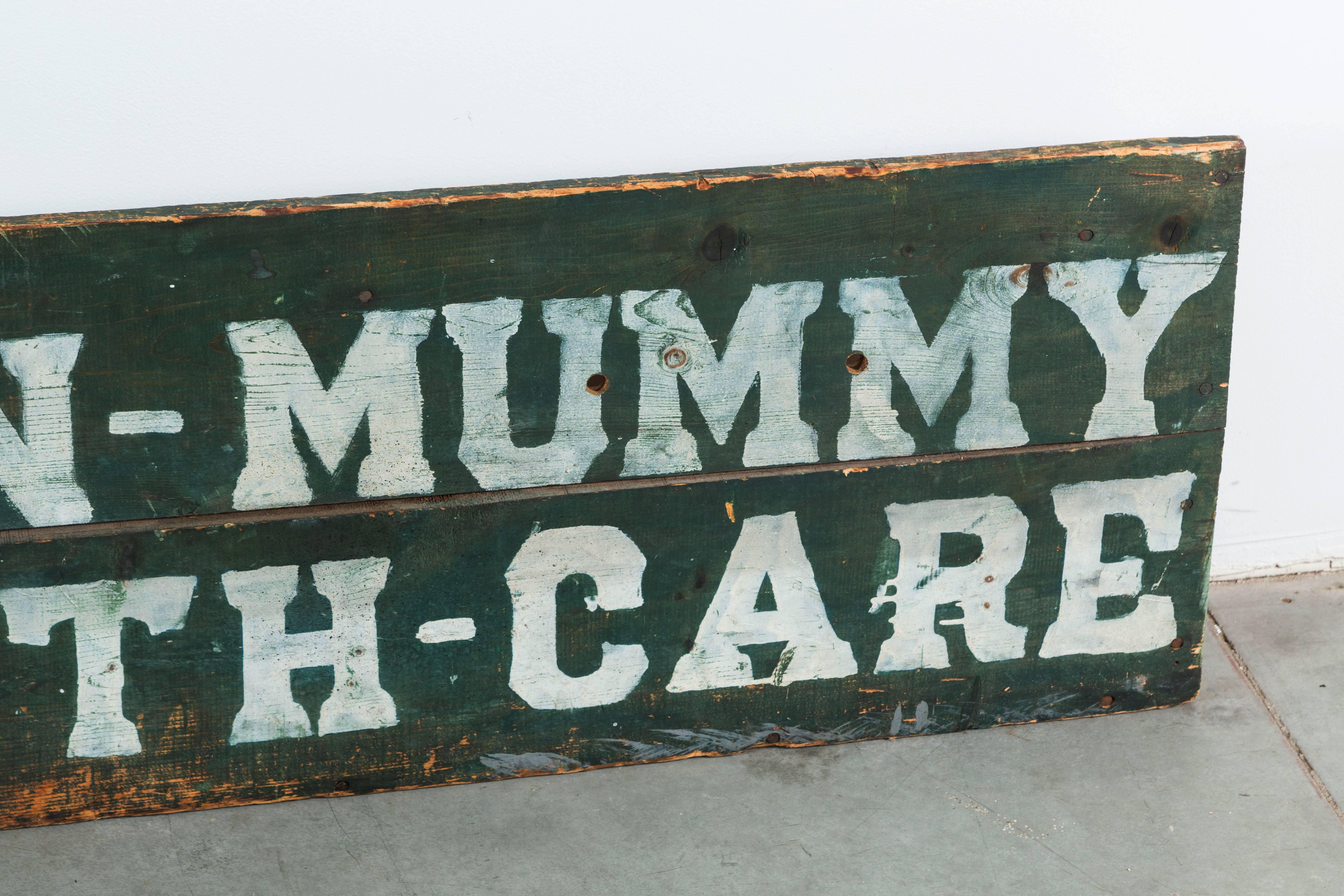 Great early vintage, circa 1920s sideshow or circus prop sign. Egyptian mummy shipping crate. Very graphic and quite possibly one of a kind. Found in the southern United States.