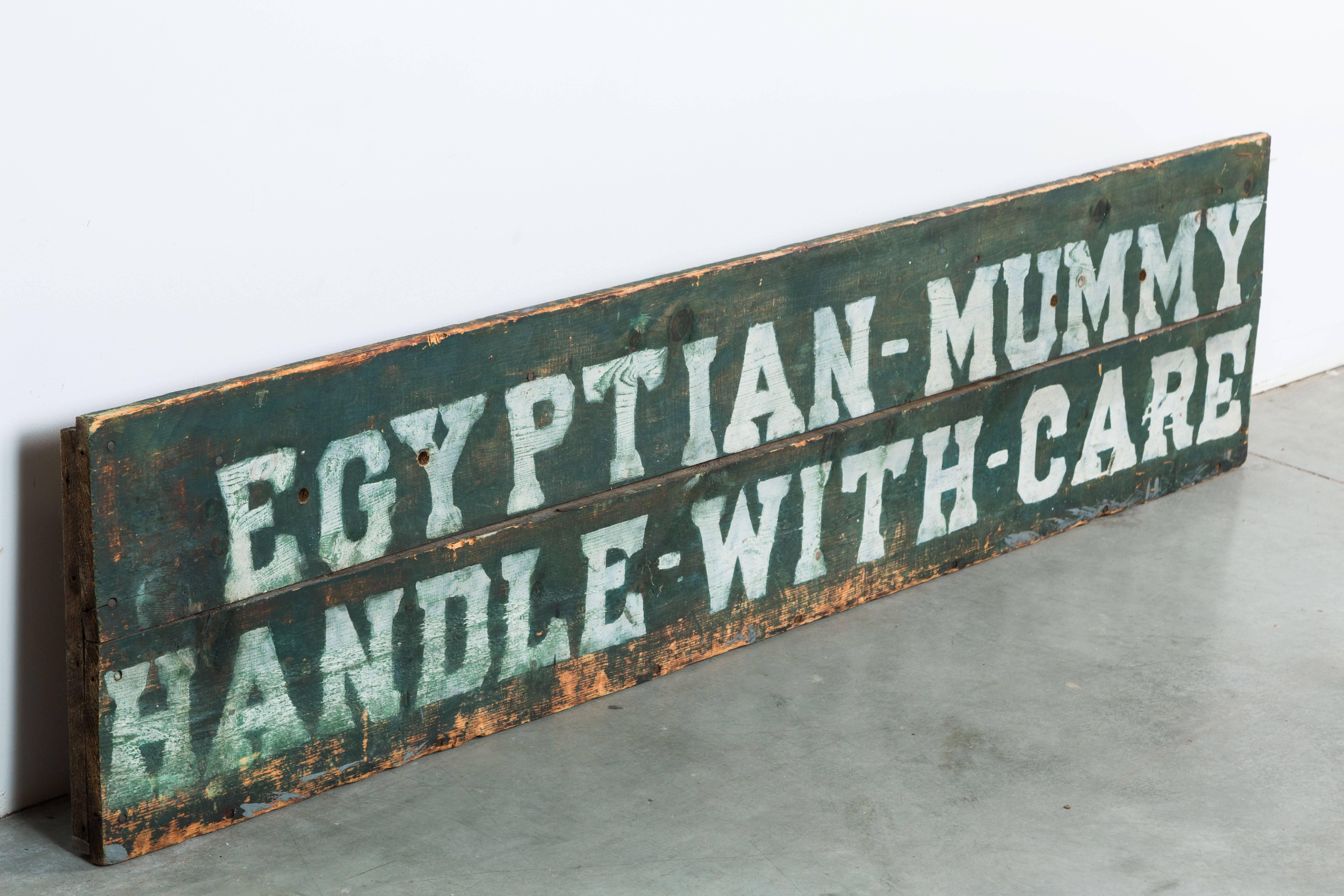 American Early Carnival Midway Sideshow or Circus Prop Sign Egyptian Mummy Crate
