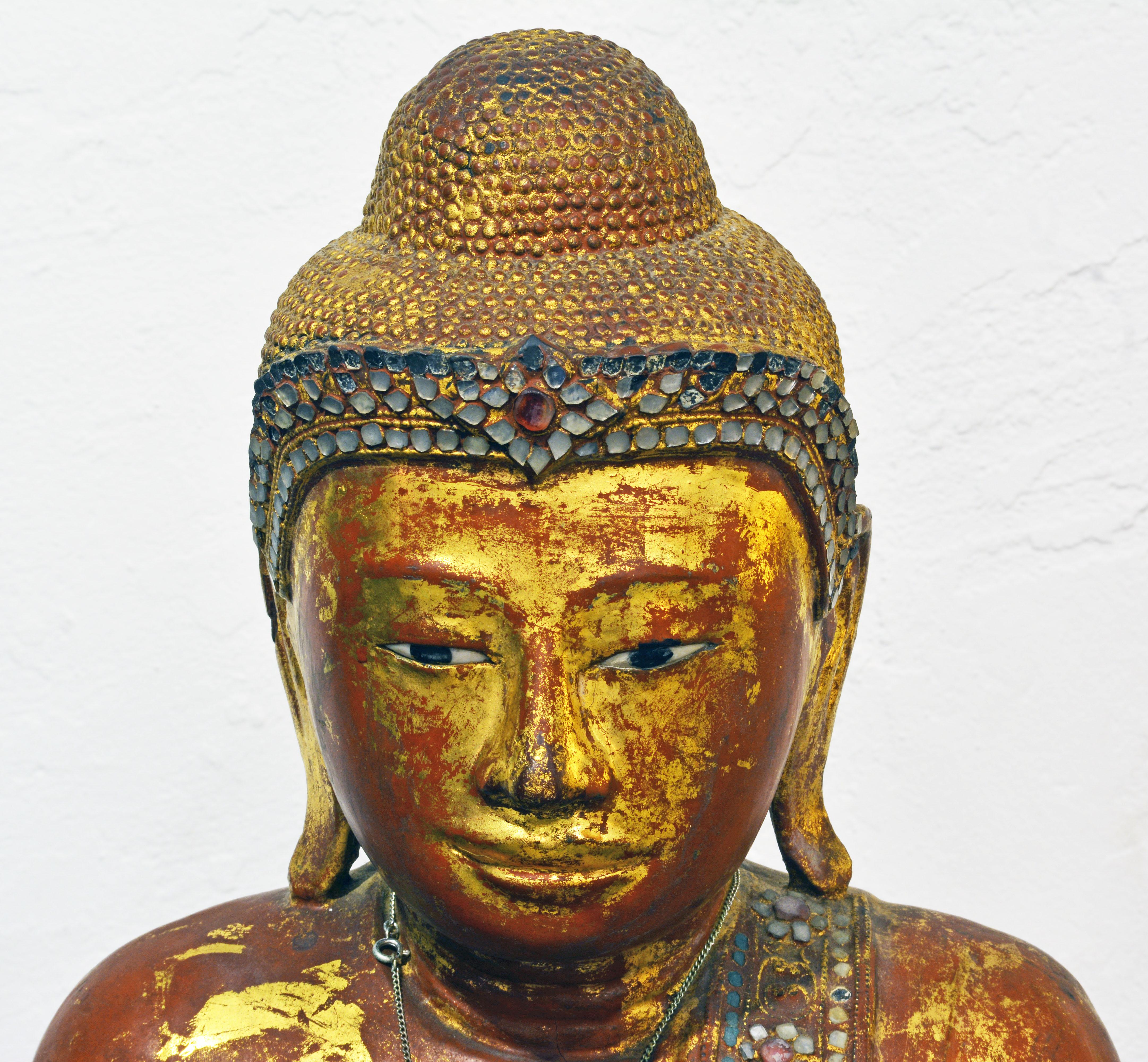 Early Carved Statue of the Mandalay Style Shakymuni Buddha Princely Bejeweled 5