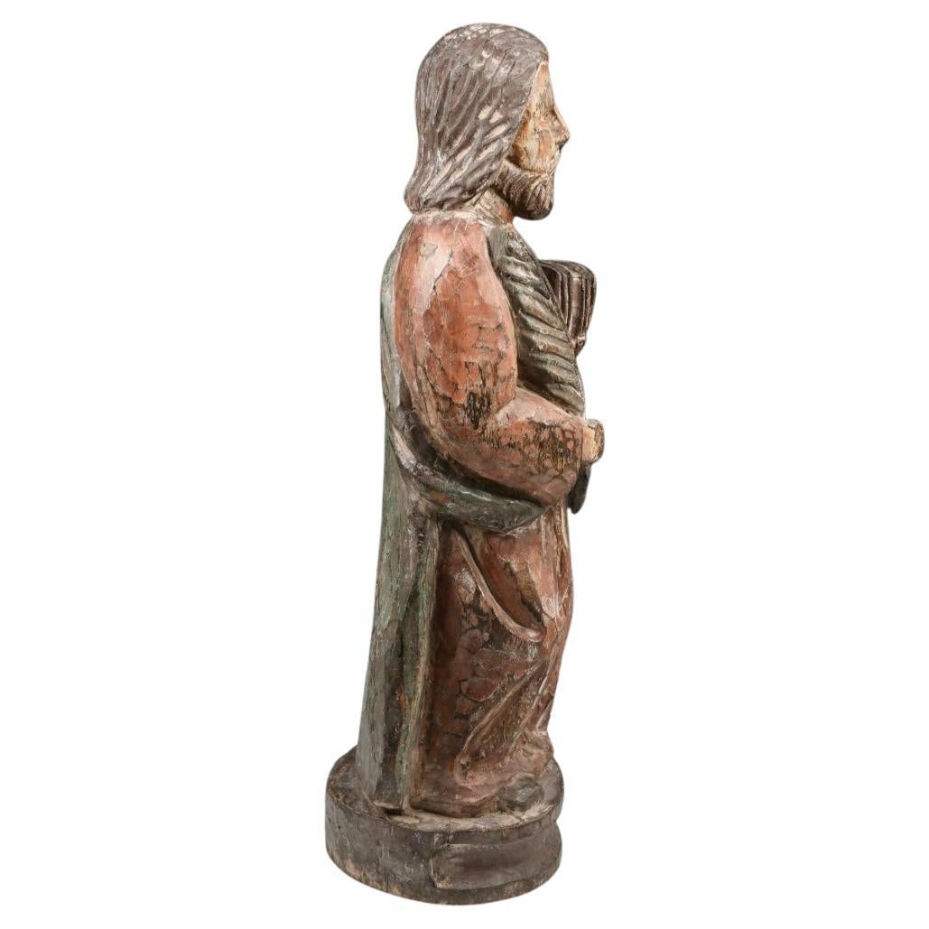 Coloniale spagnolo Figura religiosa antica intagliata in legno e policromia in vendita
