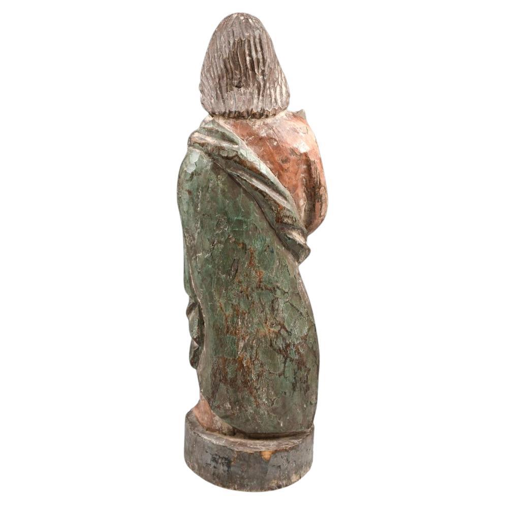Spagnolo Figura religiosa antica intagliata in legno e policromia in vendita