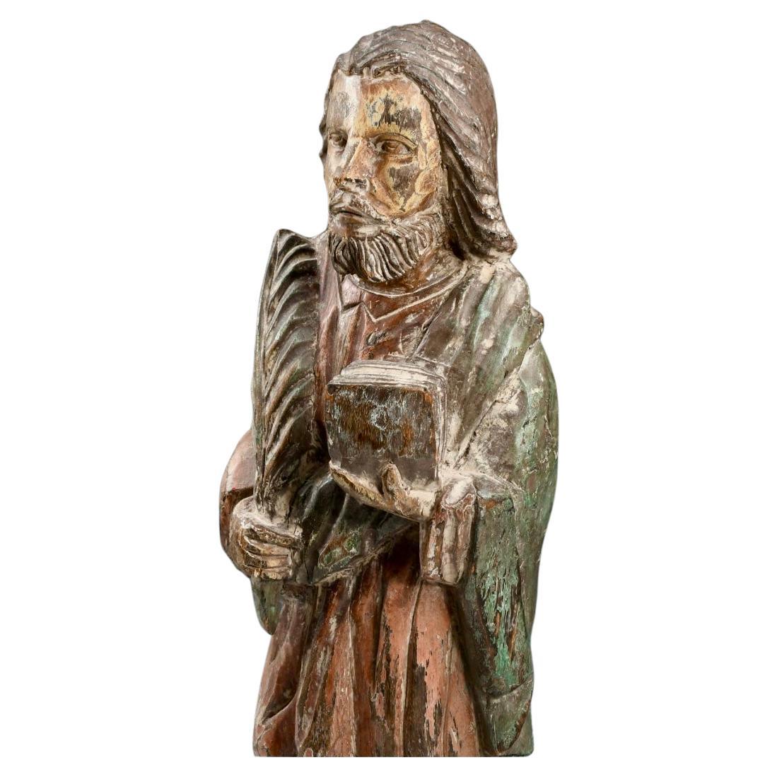 Policromo Figura religiosa antica intagliata in legno e policromia in vendita