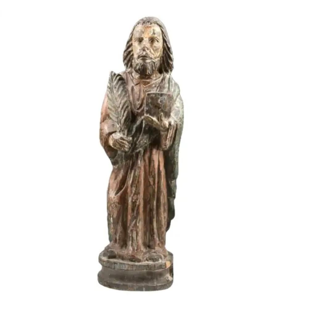 XIX secolo Figura religiosa antica intagliata in legno e policromia in vendita