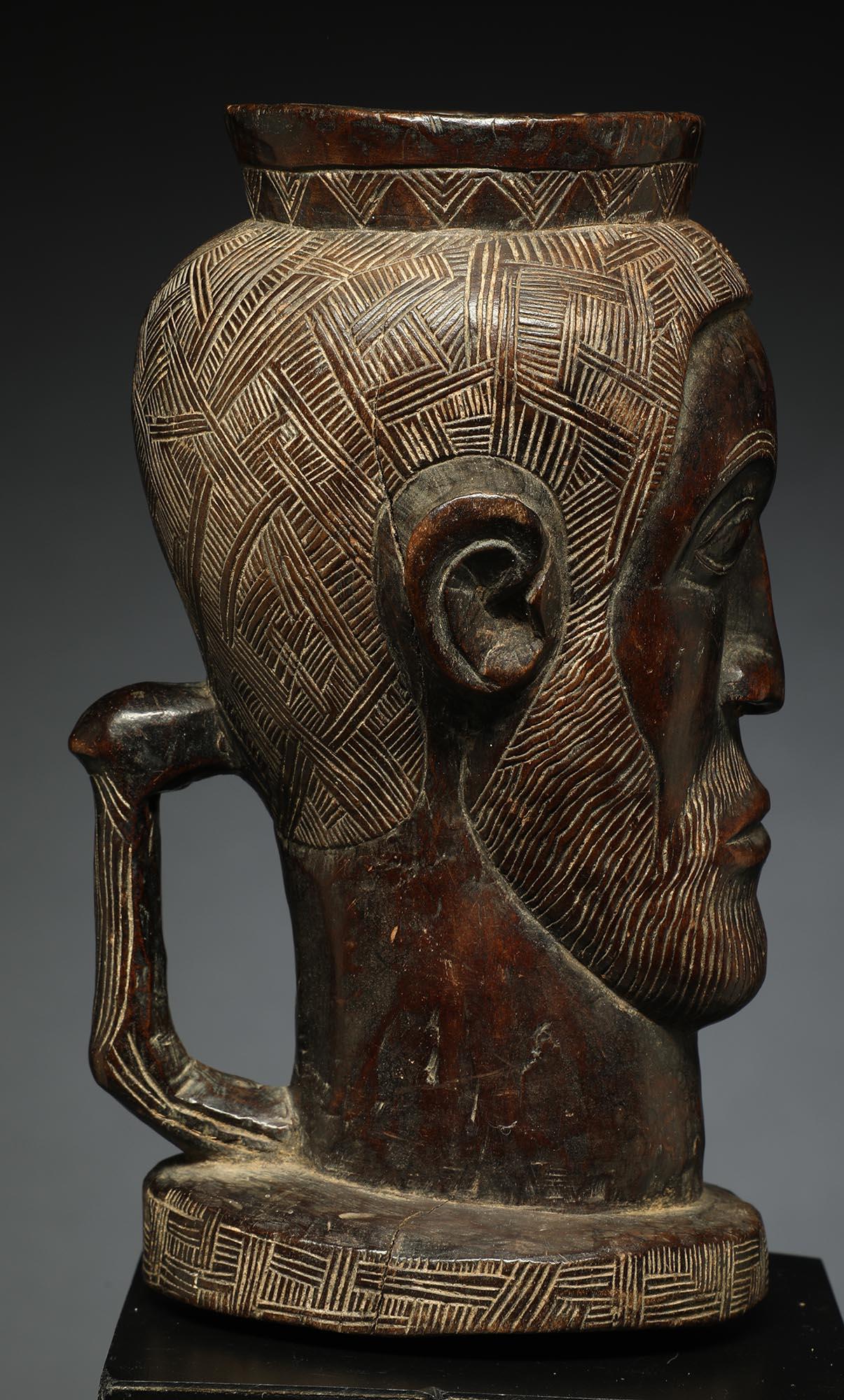 Early Carved Wood Tribal Kuba Figural Cup, Congo, Africa Male with Beard For Sale 9
