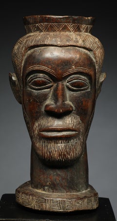 Early Carved Wood Tribal Kuba Figural Cup, Congo, Africa Male with Beard