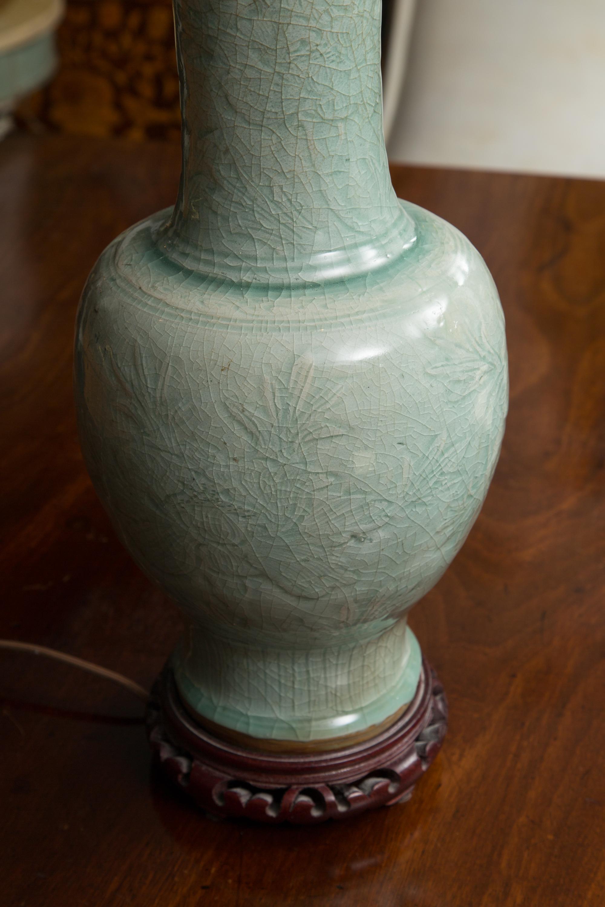 Early Celadon Vase as a Table Lamp In Good Condition In WEST PALM BEACH, FL