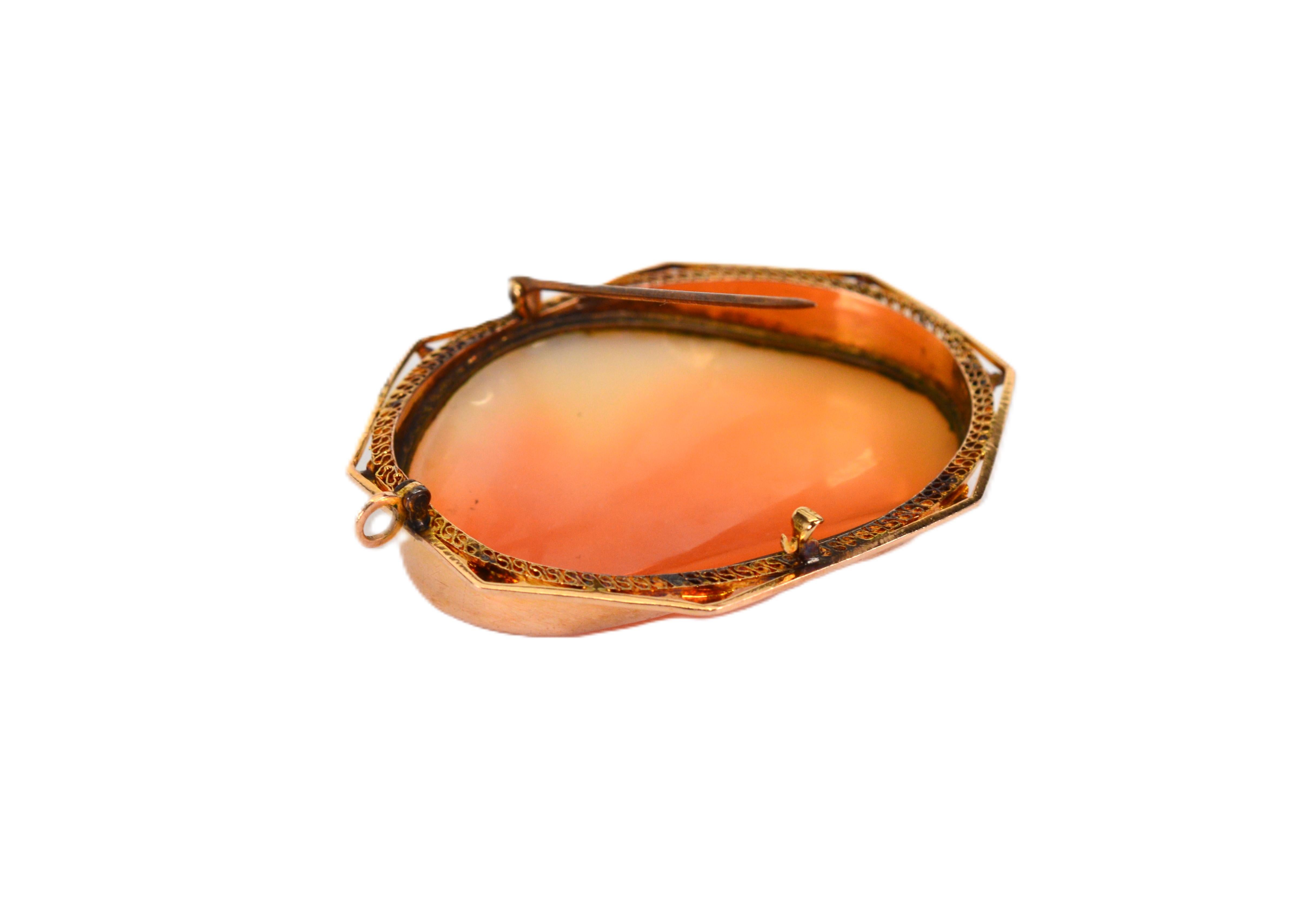 Early Century Antique Cameo Brooch Pendant w 12 Karat Yellow Gold Frame For Sale 2