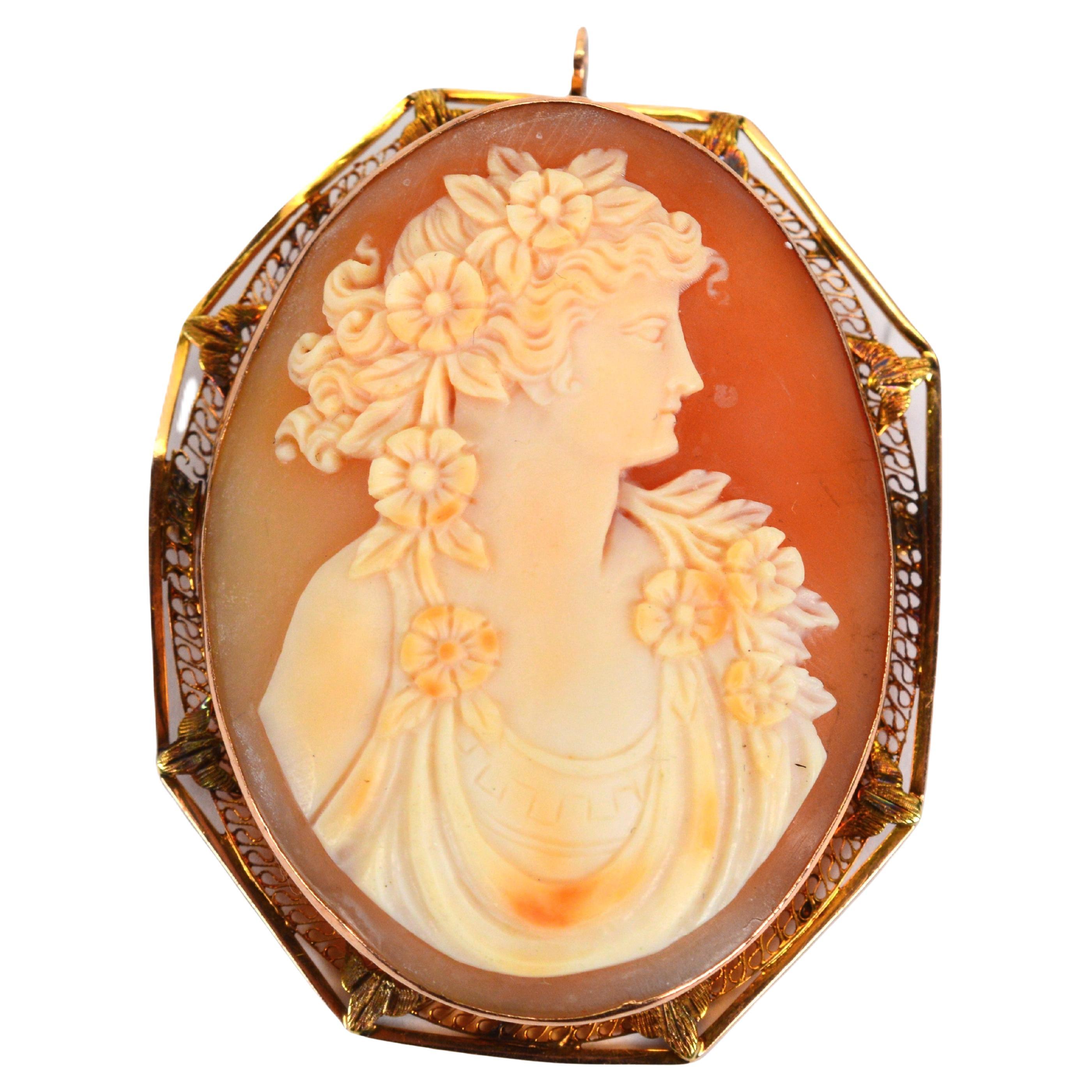 Early Century Antique Cameo Brooch Pendant w 12 Karat Yellow Gold Frame For Sale
