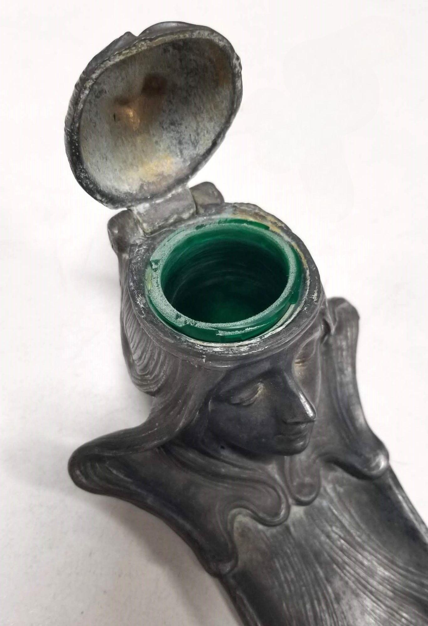Metal Early Century Art Nouveau Ink Well and Pen Holder For Sale