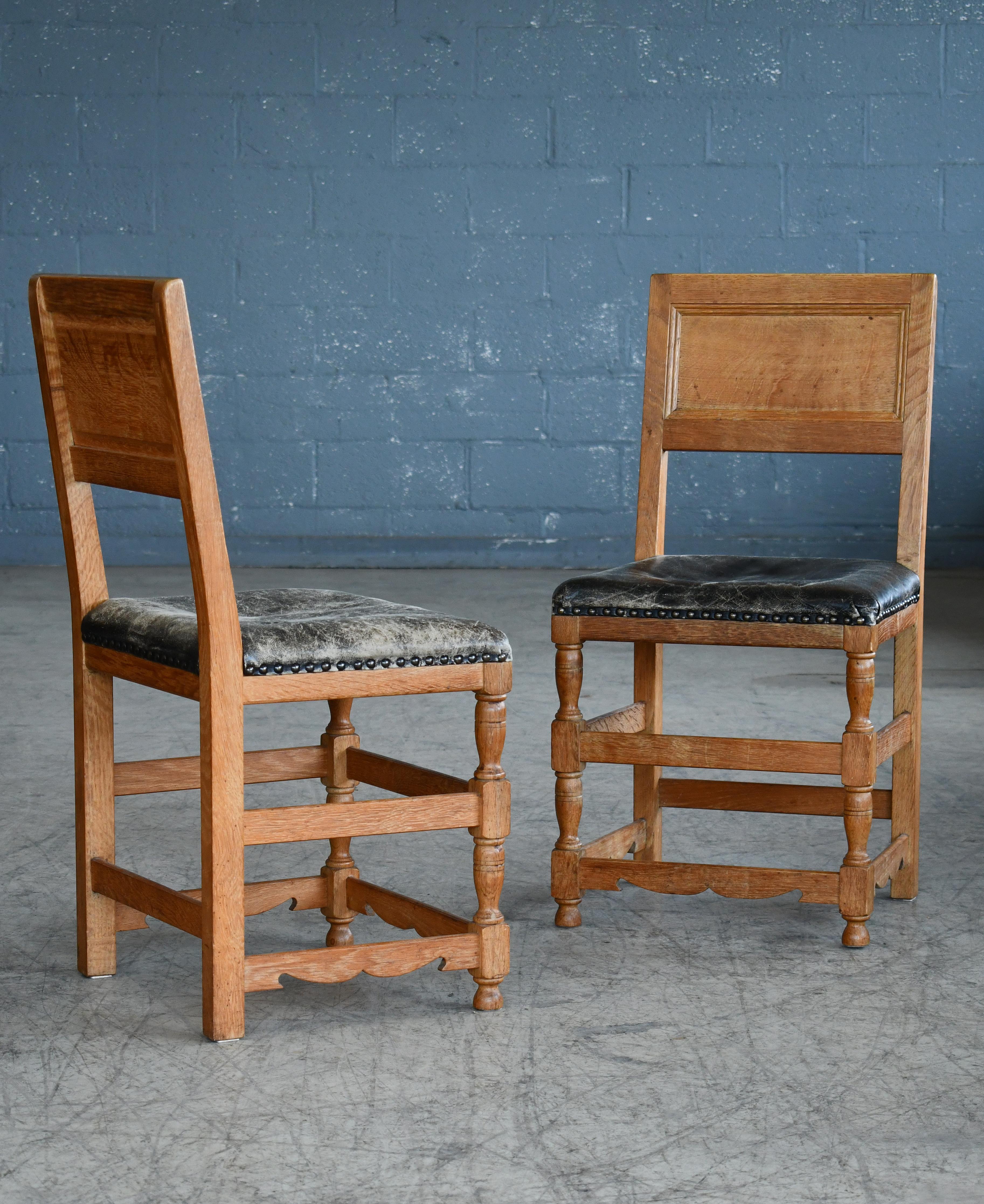 Early 20th Century Early Century Country Style Danish Dining Chairs in Oak and Leather  For Sale