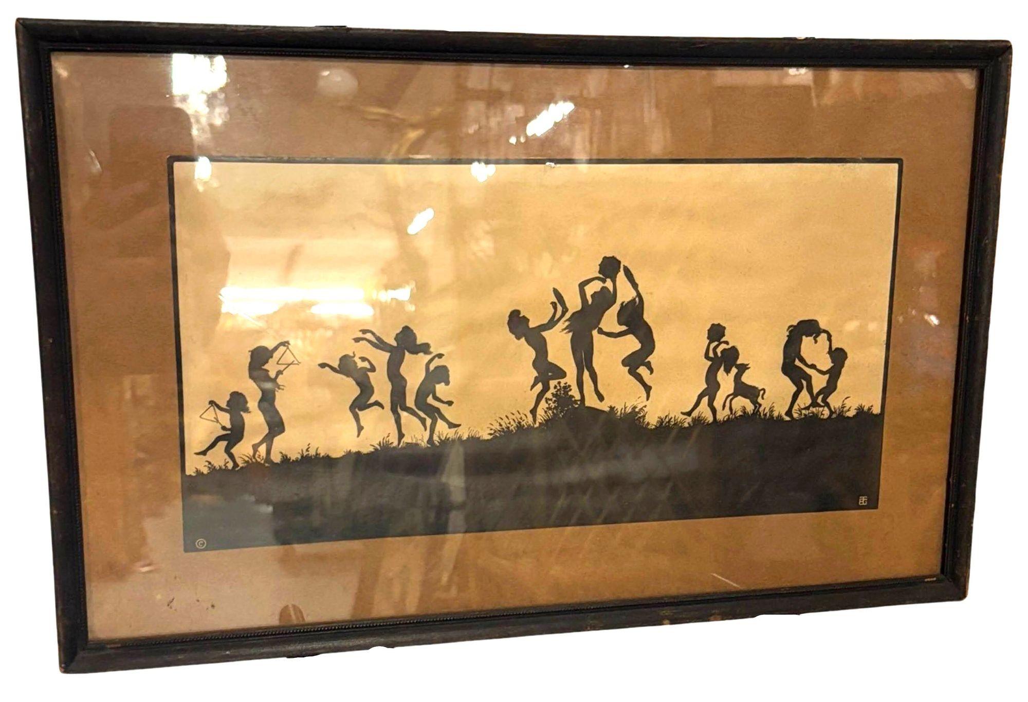 This rare Karl Wilhelm Diefenbach silhouette lithograph captures the lively essence of dancing festivities, rendered with intricate precision and a dramatic interplay of light and shadow. The dynamic figures, set against a stark backdrop, convey a