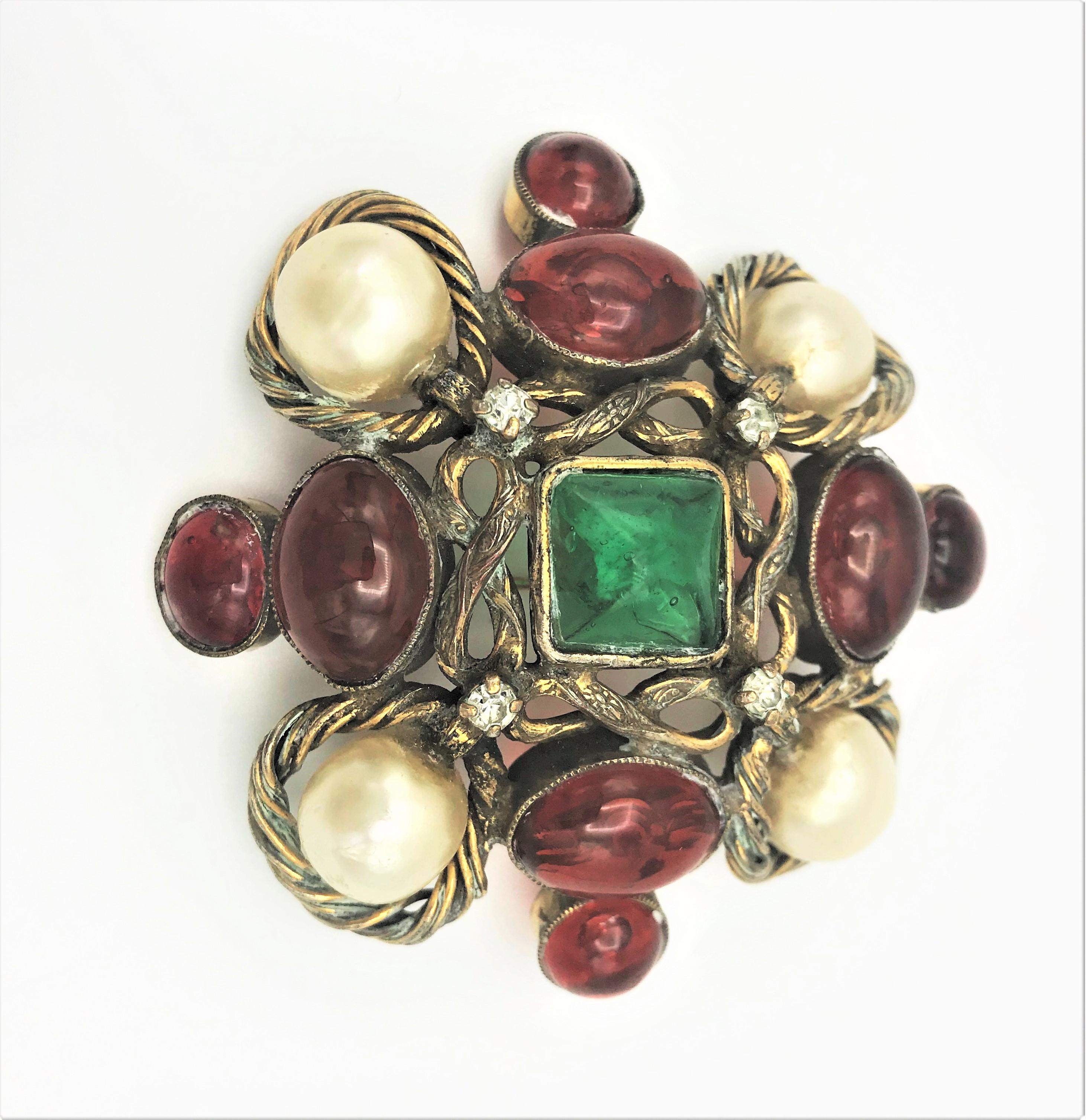 Round Cut Early Chanel Brooch by Robert Goossens and Maison Gripoix 1960's Gold Plated