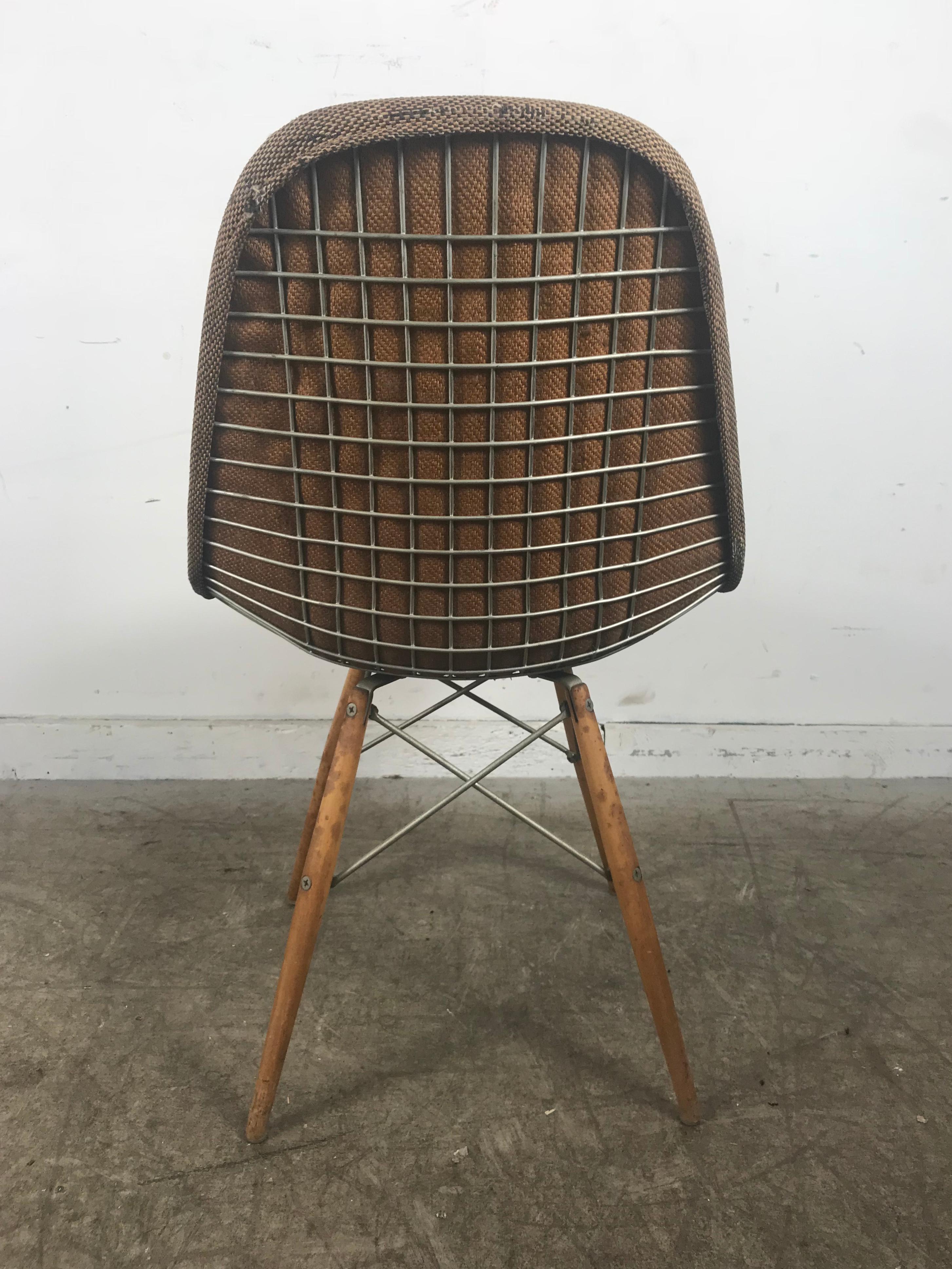 Early Charles Eames dowel leg chair, 1950s DKW-2 Herman Miller, nice original condition retains original Alexander Girrard seat cover as well as original Herman Miller label, elusive zinc metal structure, nice early example of classic modernist