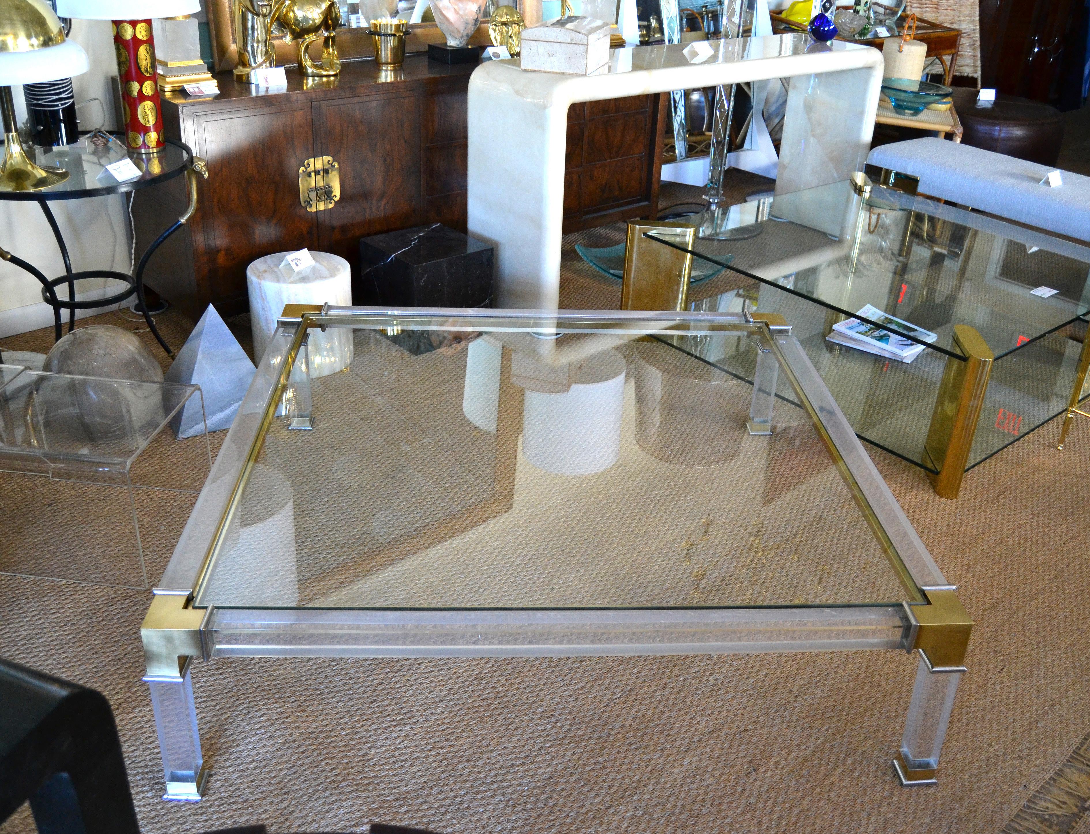 Early Charles Hollis Jones Hollywood Regency Acrylic Bronze & Chrome Glass Table In Good Condition In Miami, FL