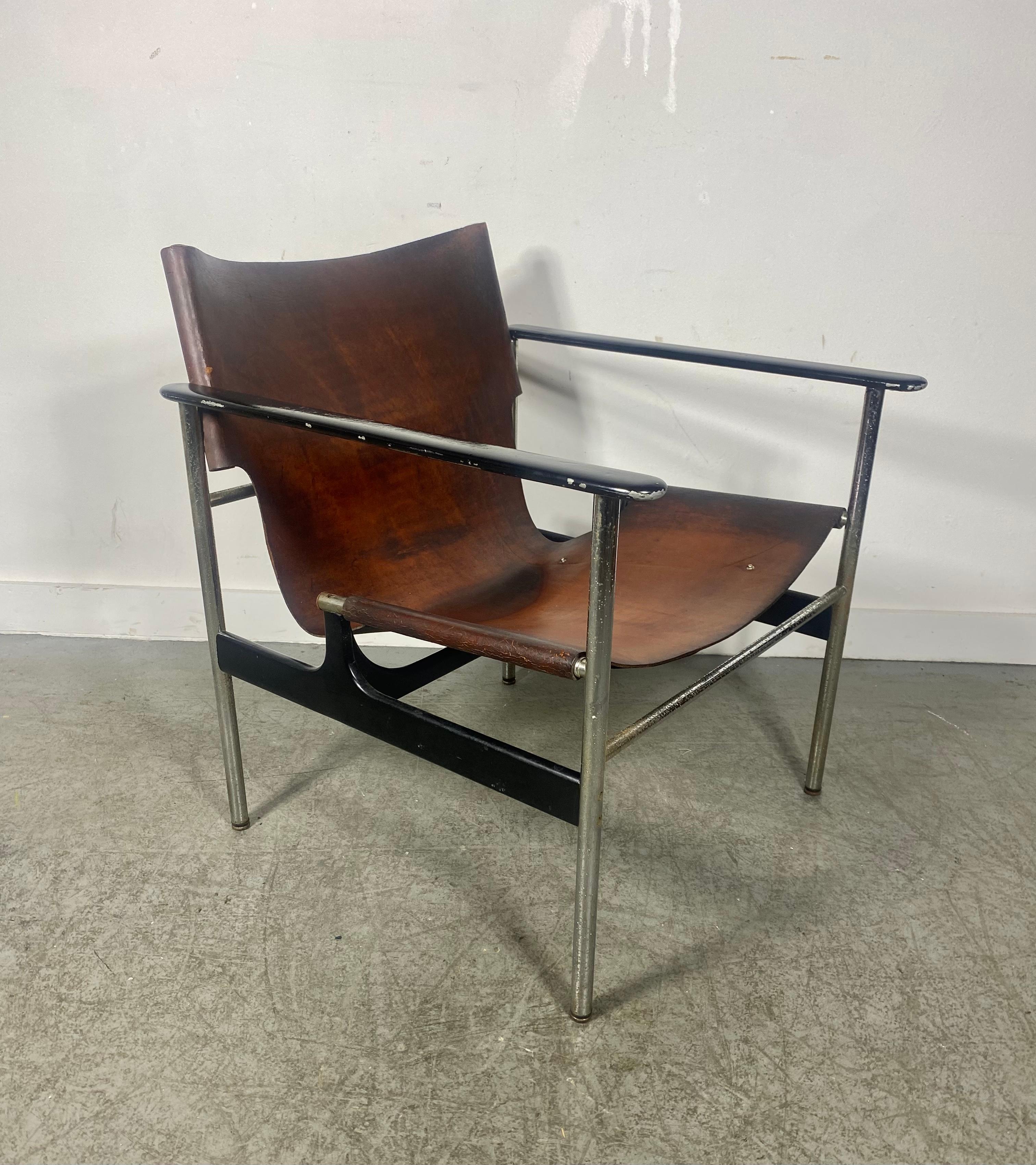 Painted Early Charles Pollock 657 Leather Sling Lounge Chair by Knoll For Sale