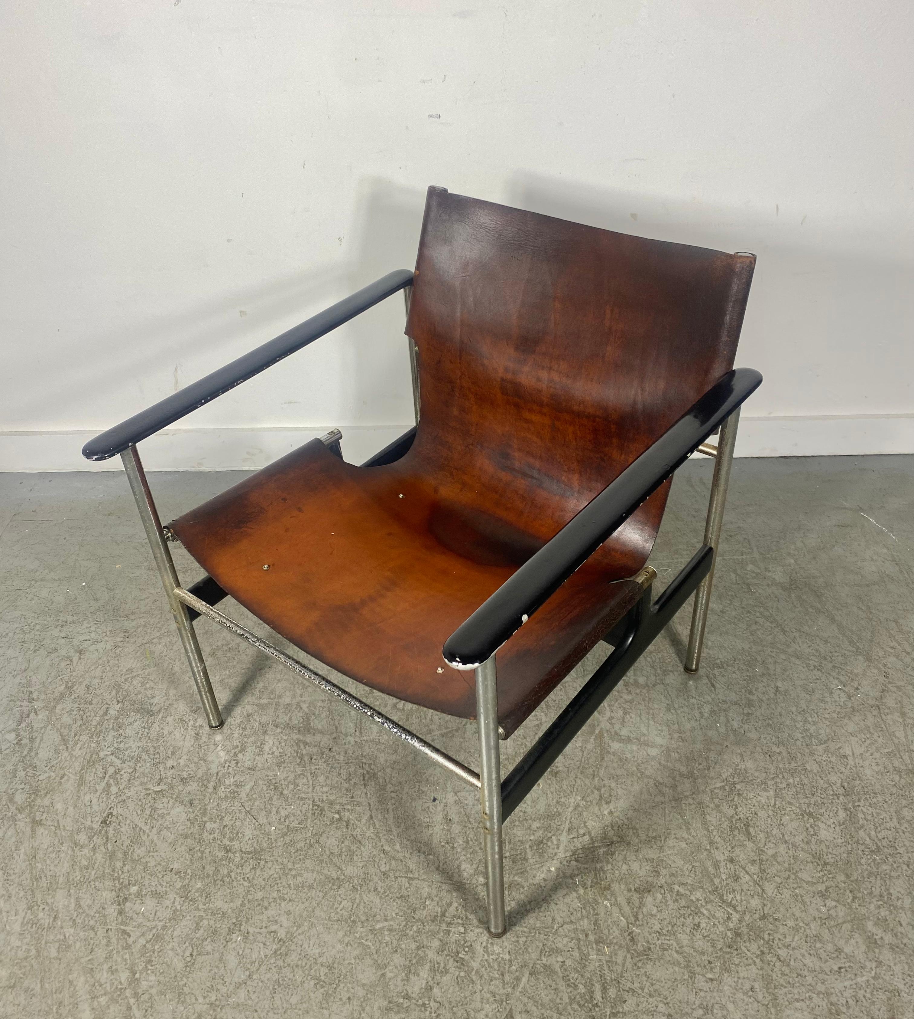 Metal Early Charles Pollock 657 Leather Sling Lounge Chair by Knoll