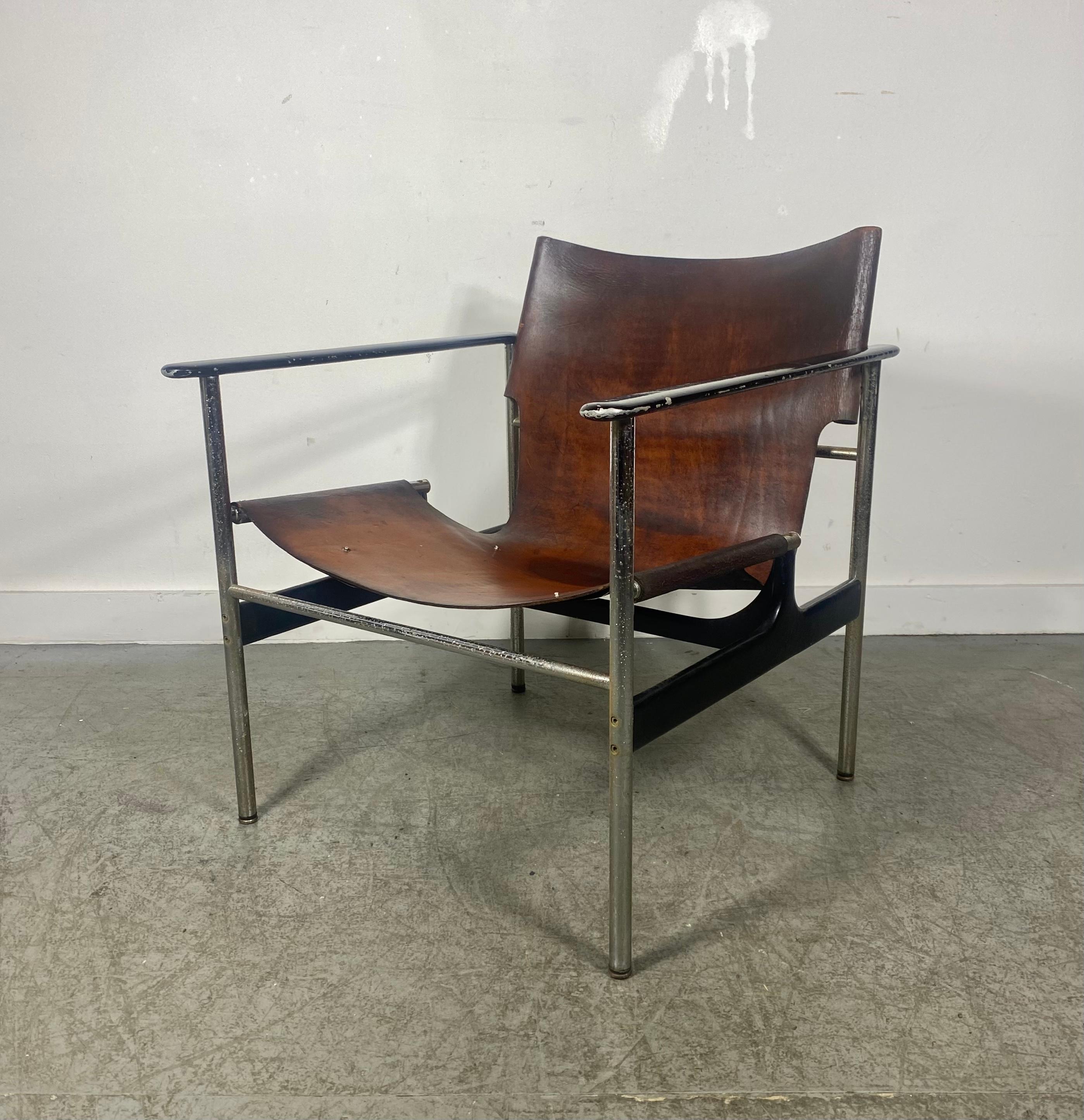 Early Charles Pollock 657 Leather Sling Lounge Chair by Knoll For Sale 1