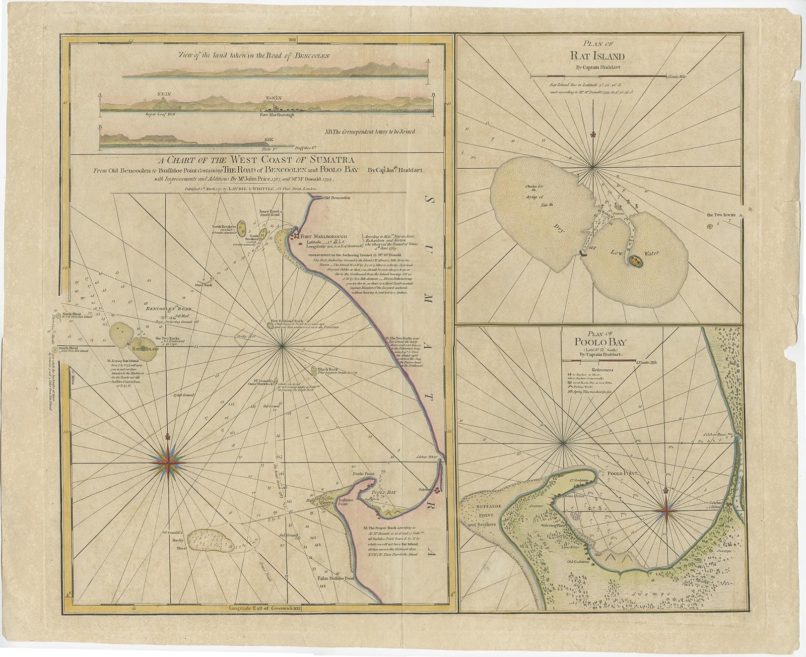 Antique map titled 'A Chart of the West Coast of Sumatra'. 

Early nautical chart identifying the British spice trading colony of Bencoolen and Fort Marlborough, Sumatra. The map is divided into three sections, the left hand side being a general