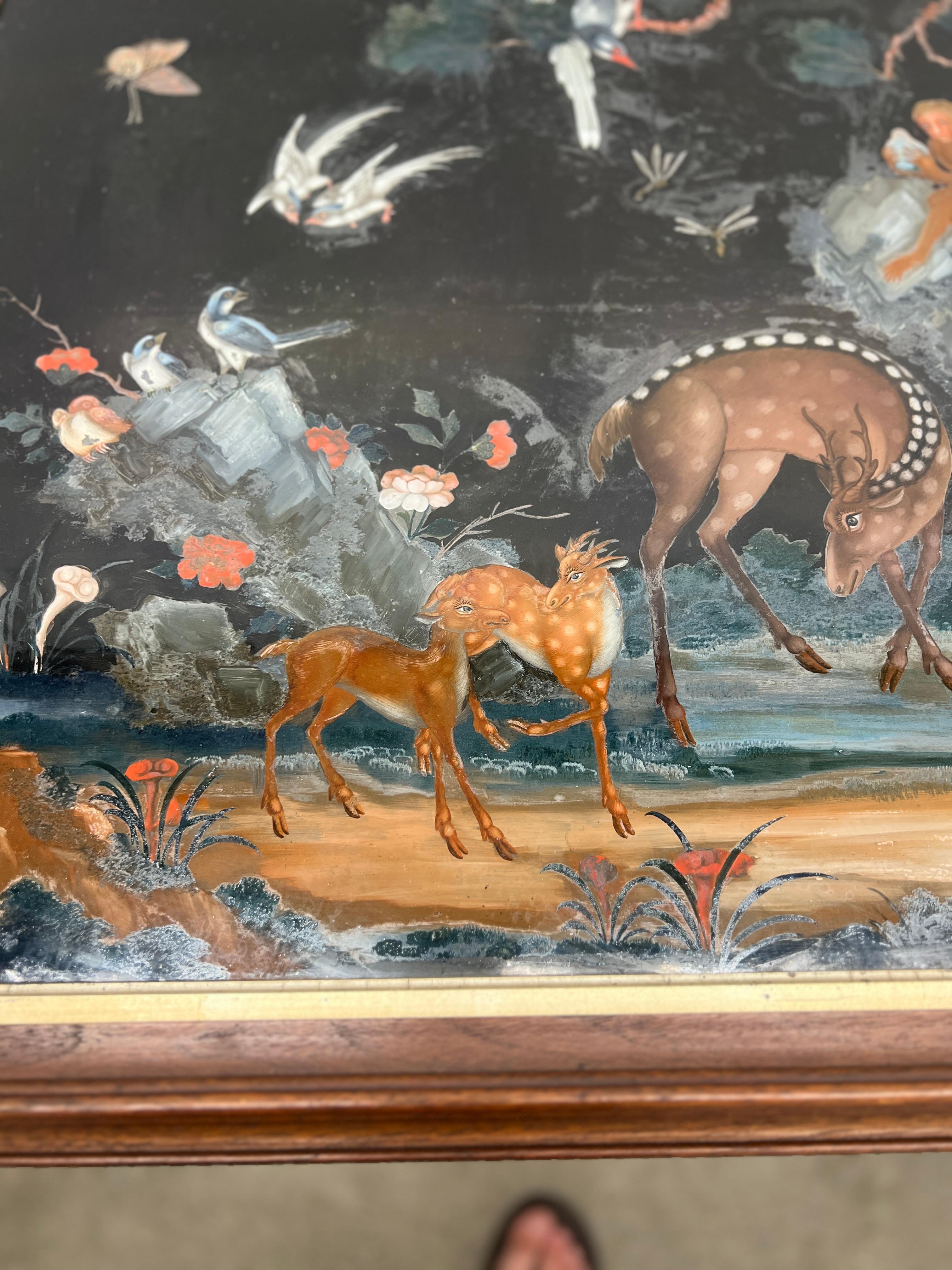 Exportation chinoise Peinture inversée d'exportation chinoise représentant des cerfs, des singes et des animaux sauvages en vente