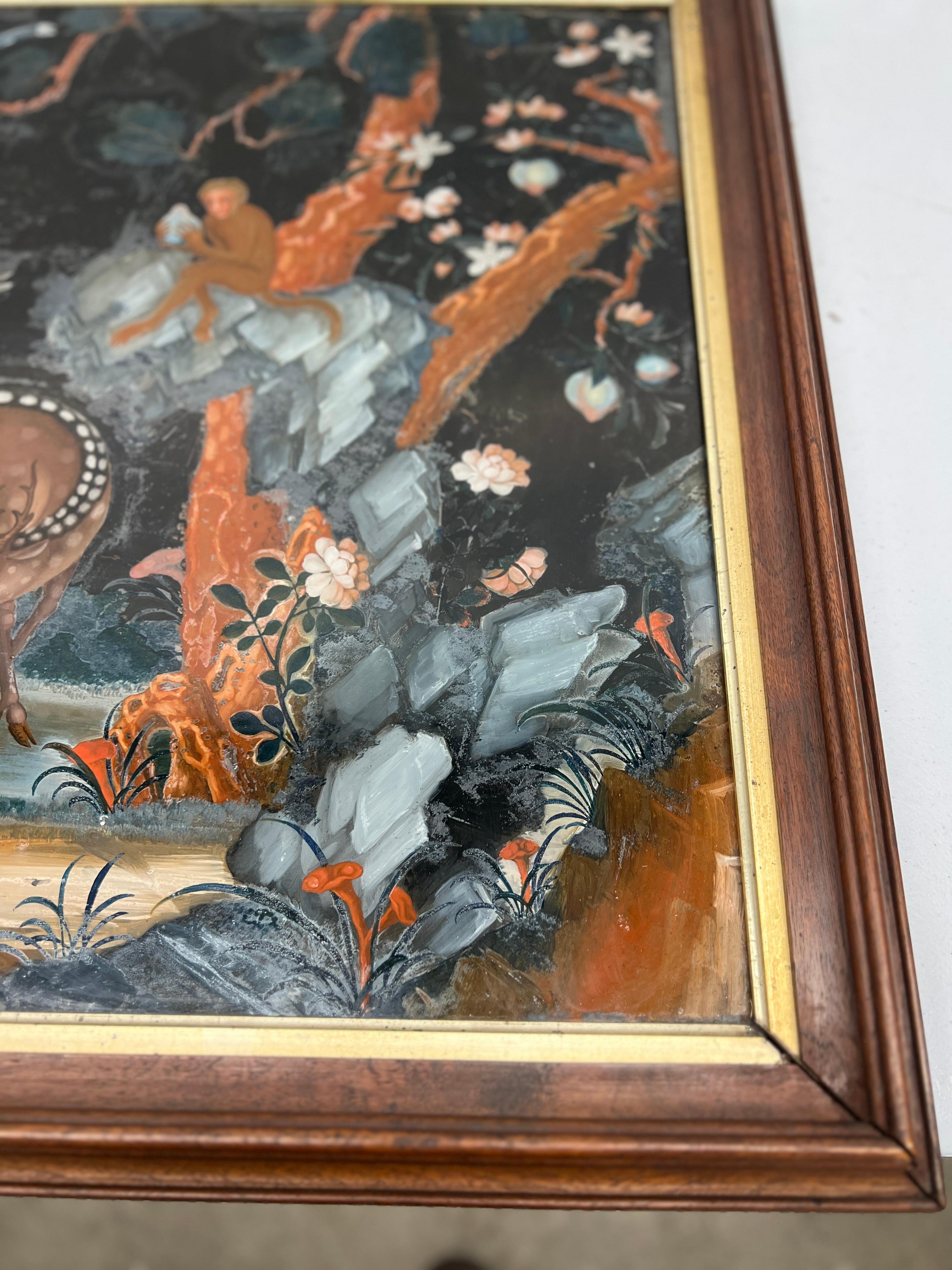 Peinture inversée d'exportation chinoise représentant des cerfs, des singes et des animaux sauvages Bon état - En vente à Atlanta, GA