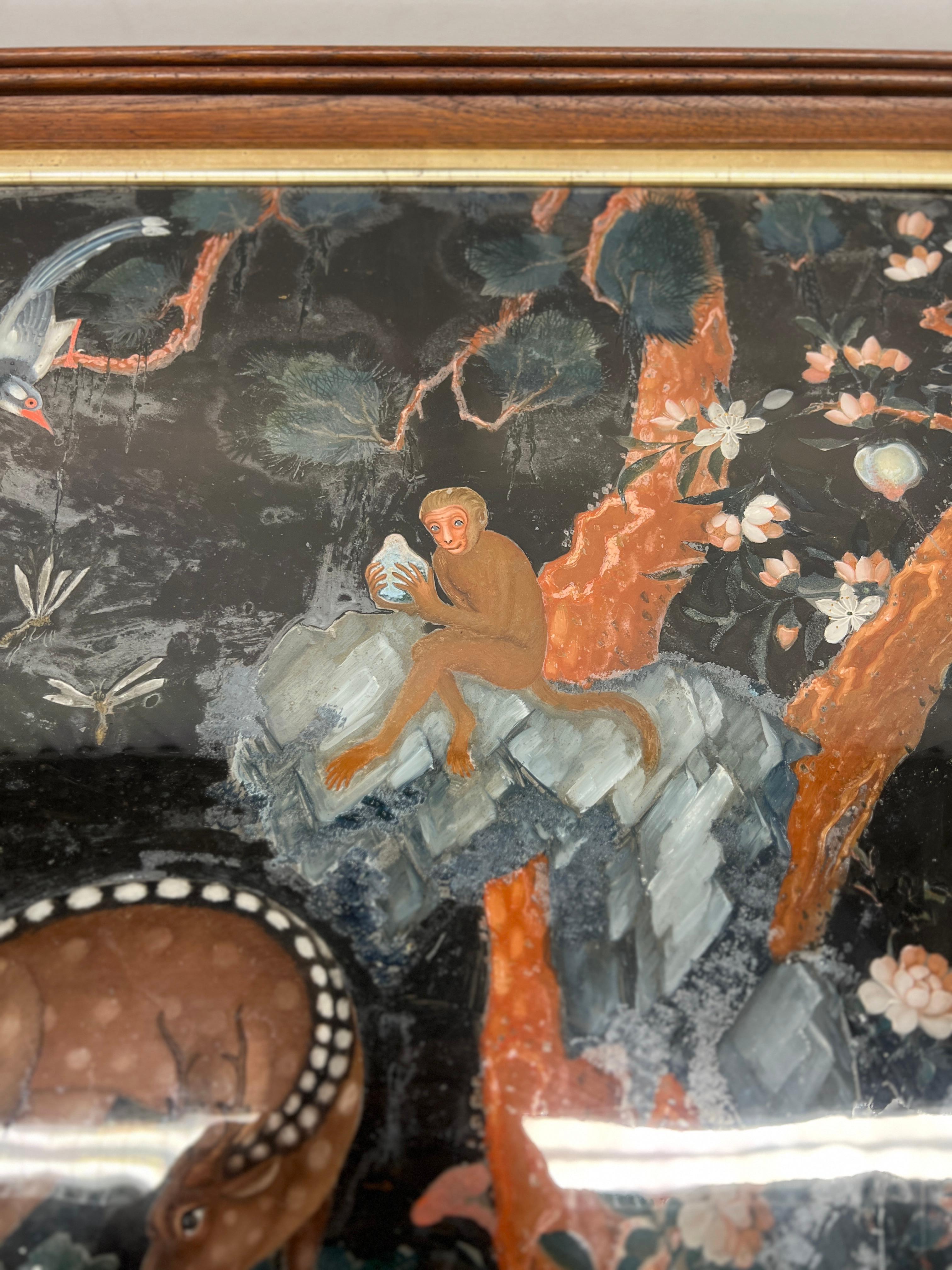 XIXe siècle Peinture inversée d'exportation chinoise représentant des cerfs, des singes et des animaux sauvages en vente
