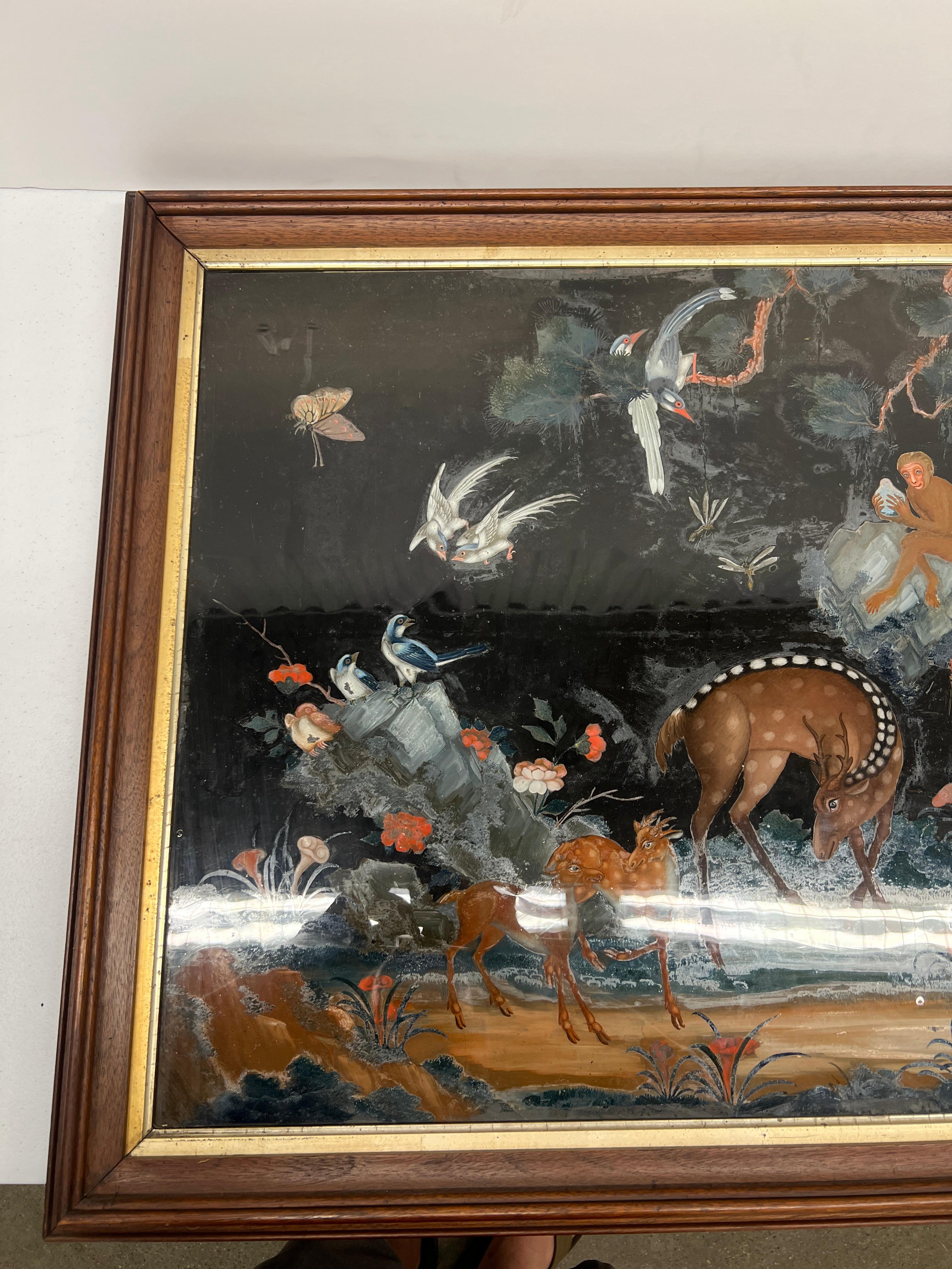 Peinture inversée d'exportation chinoise représentant des cerfs, des singes et des animaux sauvages en vente 1