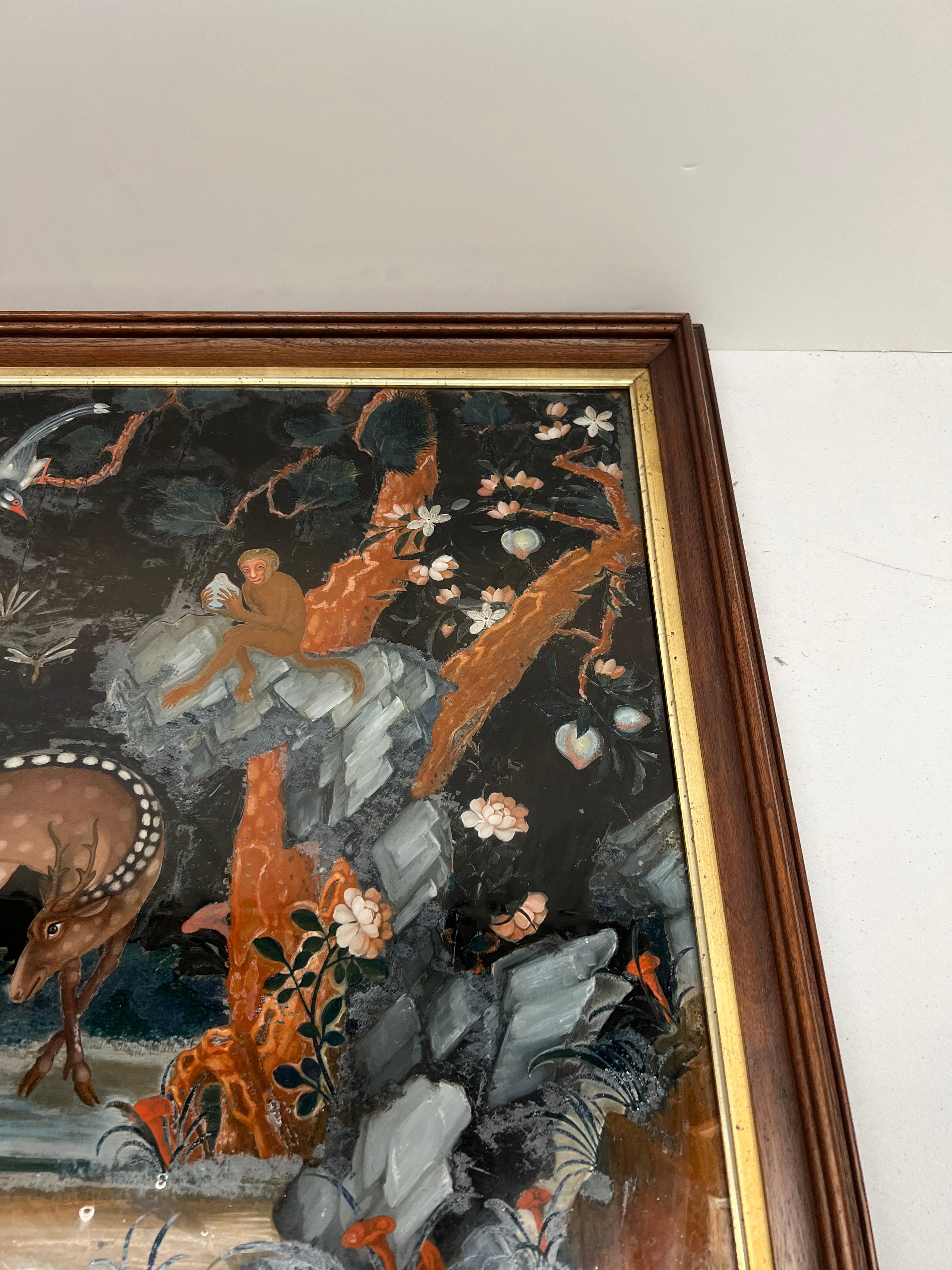 Peinture inversée d'exportation chinoise représentant des cerfs, des singes et des animaux sauvages en vente 2