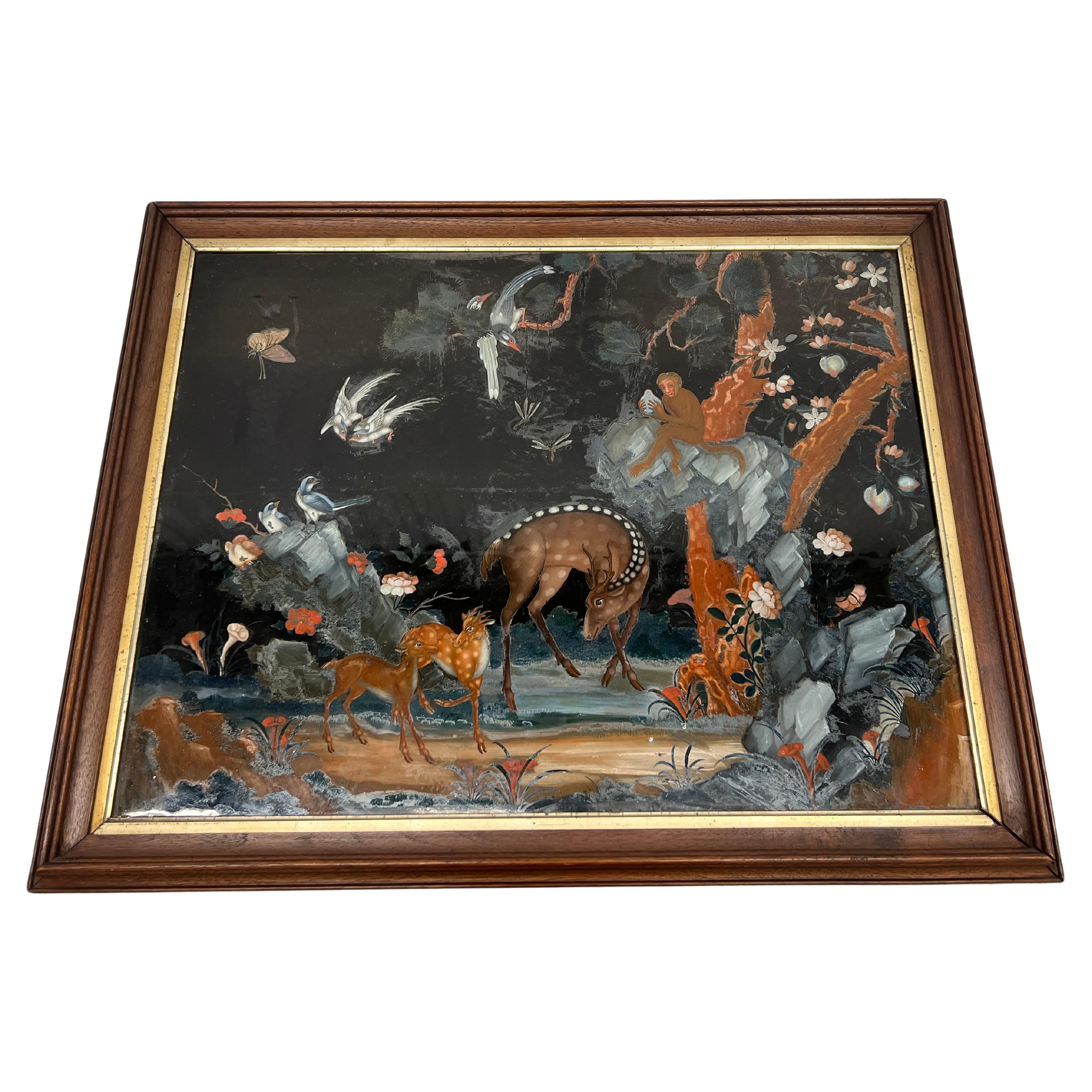 Early Chinese Export Reverse Glass Painting Depicting Deer, Monkeys & Wildlife