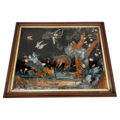 Early Chinese Export Reverse Glass Painting Depicting Deer, Monkeys & Wildlife