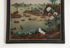 Early Chinese-Export Reverse Painted Mirror, Depicting a Chinese Harbor