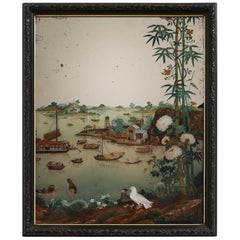 Early Chinese-Export Reverse Painted Mirror, Depicting a Chinese Harbor