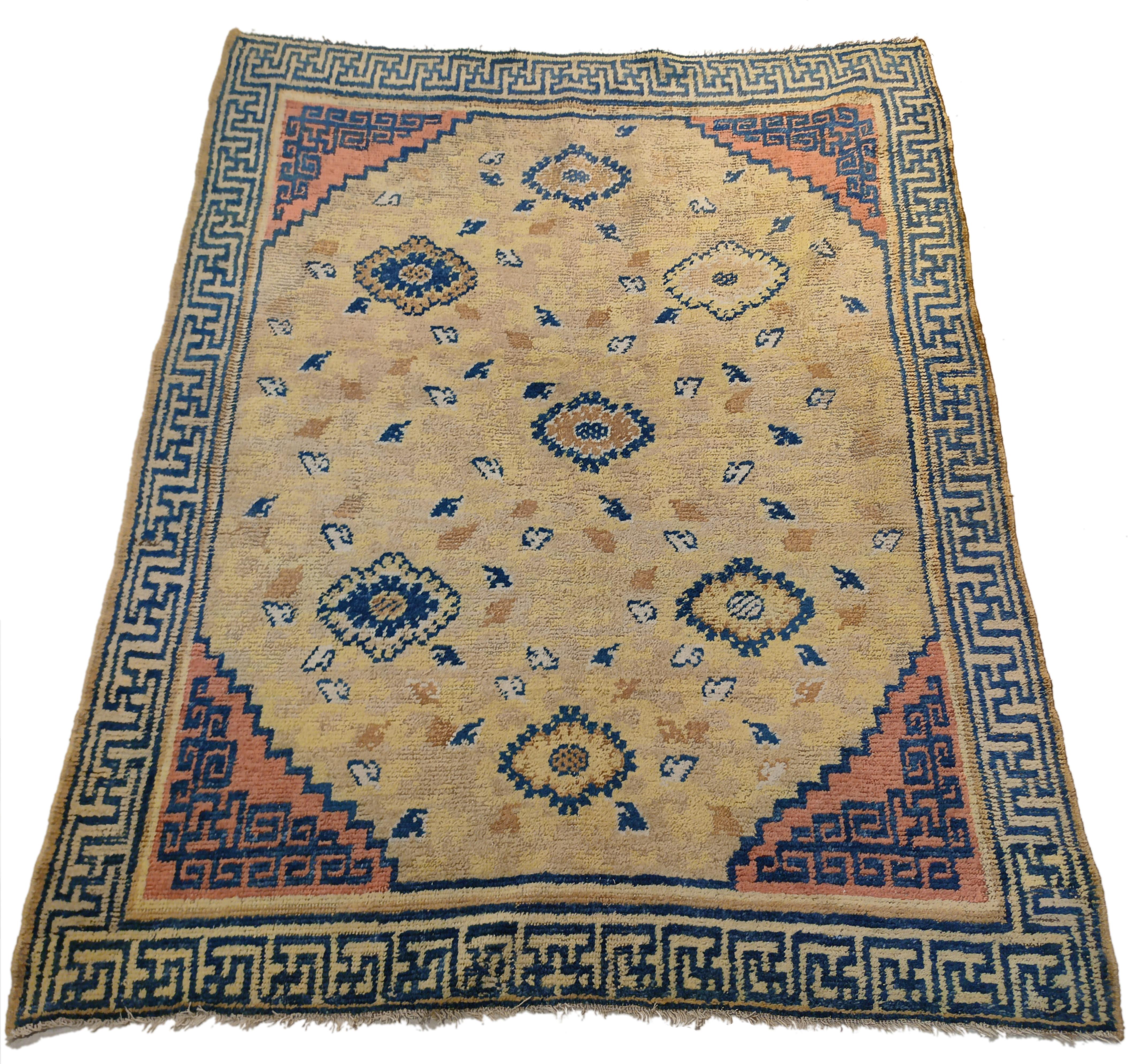 A very unusual Chinese rug, possibly used originally as a dais cover, which had been previously attributed to the Western region of Gansu (H. König, Gansu, Hali 138, London 2005, pl. 13, p. 58). However both the structure and the colours are fairly