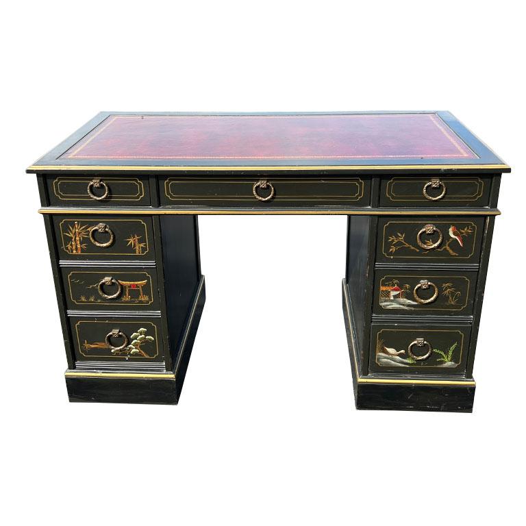 American Early Chinoiserie Japanned Leather Top Desk and Chair Set - Nichols and Stone For Sale