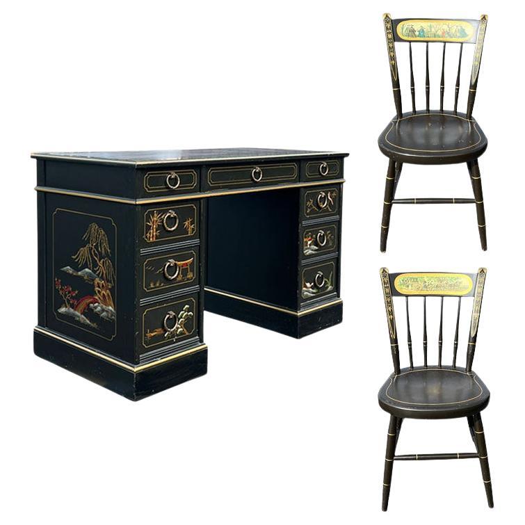 Early Chinoiserie Japanned Leather Top Desk and Chair Set - Nichols and Stone For Sale