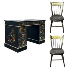 Early Chinoiserie Japanned Leather Top Desk and Chair Set - Nichols and Stone