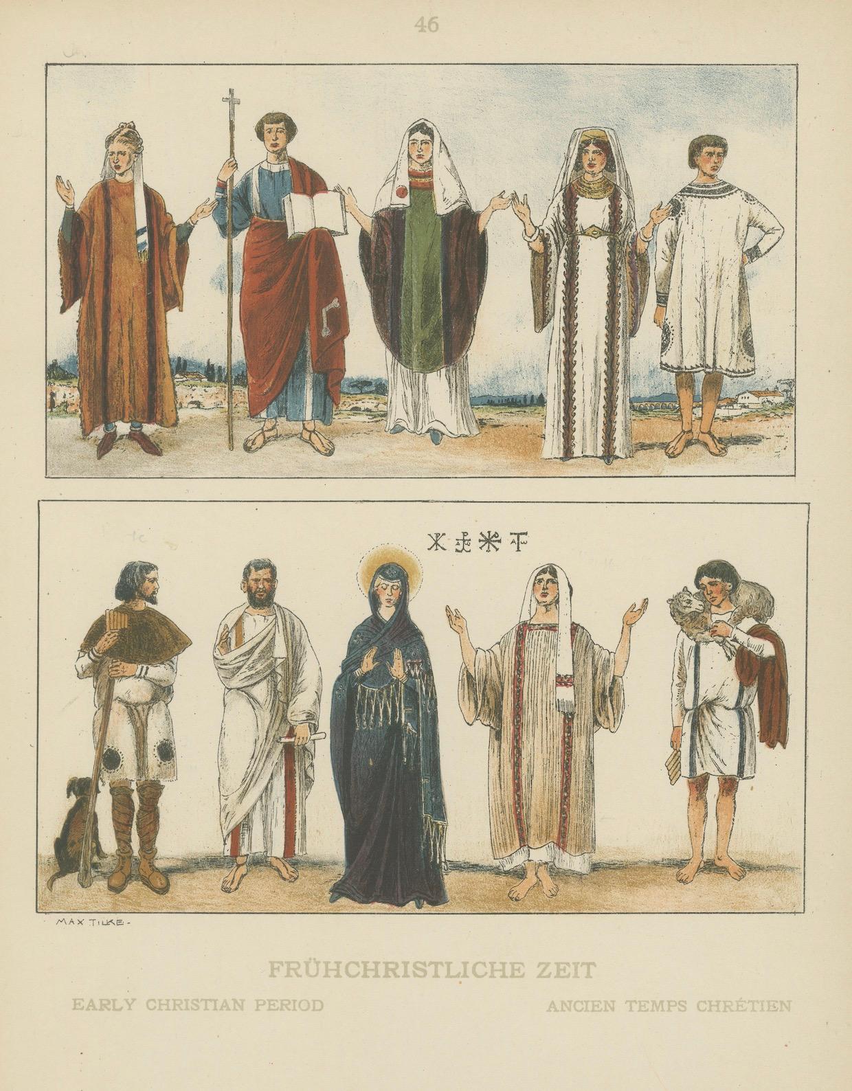 Frühchristlicher Kostümteller, antiker handkolorierter Druck um 1880 (Deutsch) im Angebot