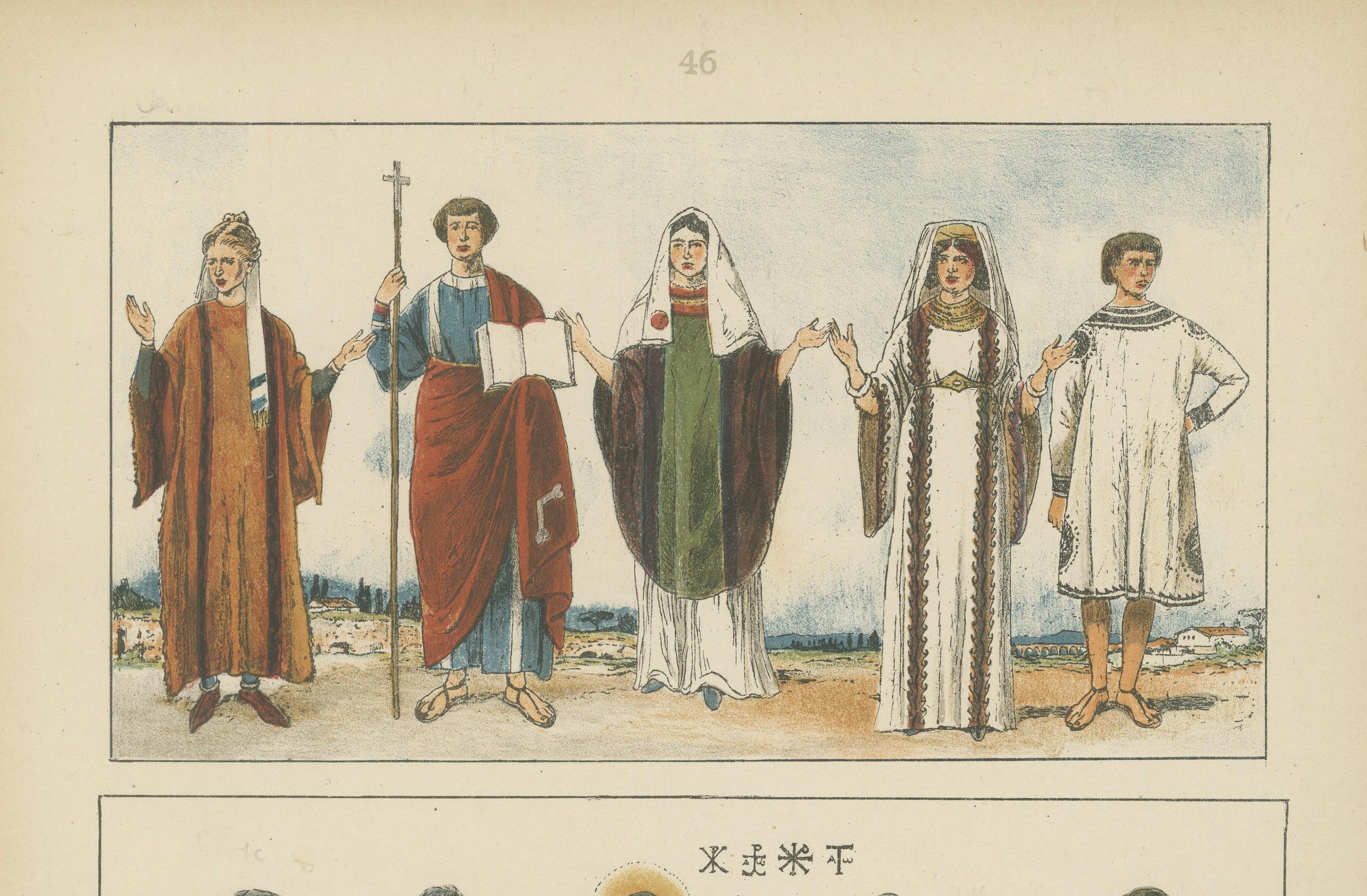 Frühchristlicher Kostümteller, antiker handkolorierter Druck um 1880 im Zustand „Gut“ im Angebot in Langweer, NL