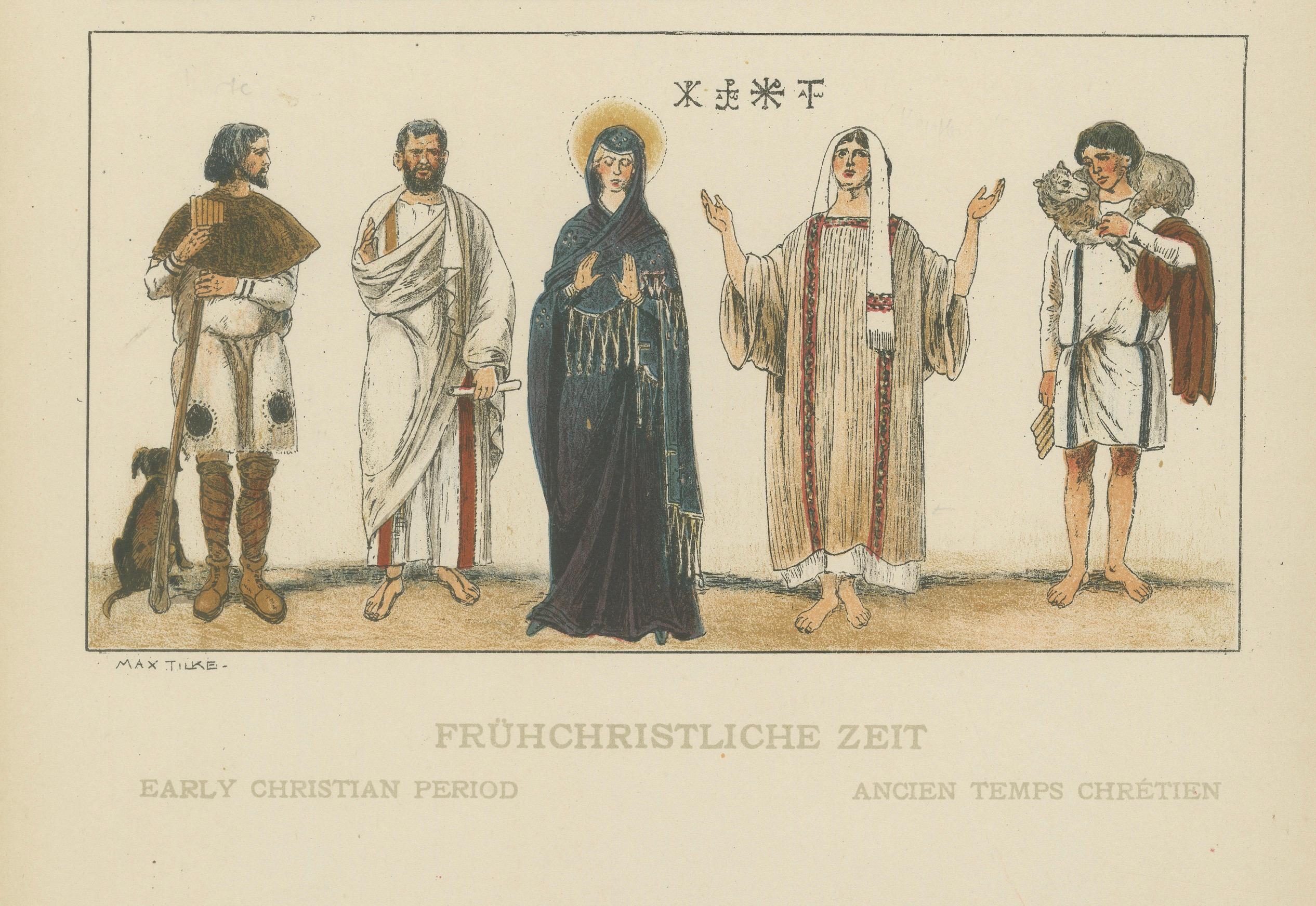 Frühchristlicher Kostümteller, antiker handkolorierter Druck um 1880 (Spätes 19. Jahrhundert) im Angebot