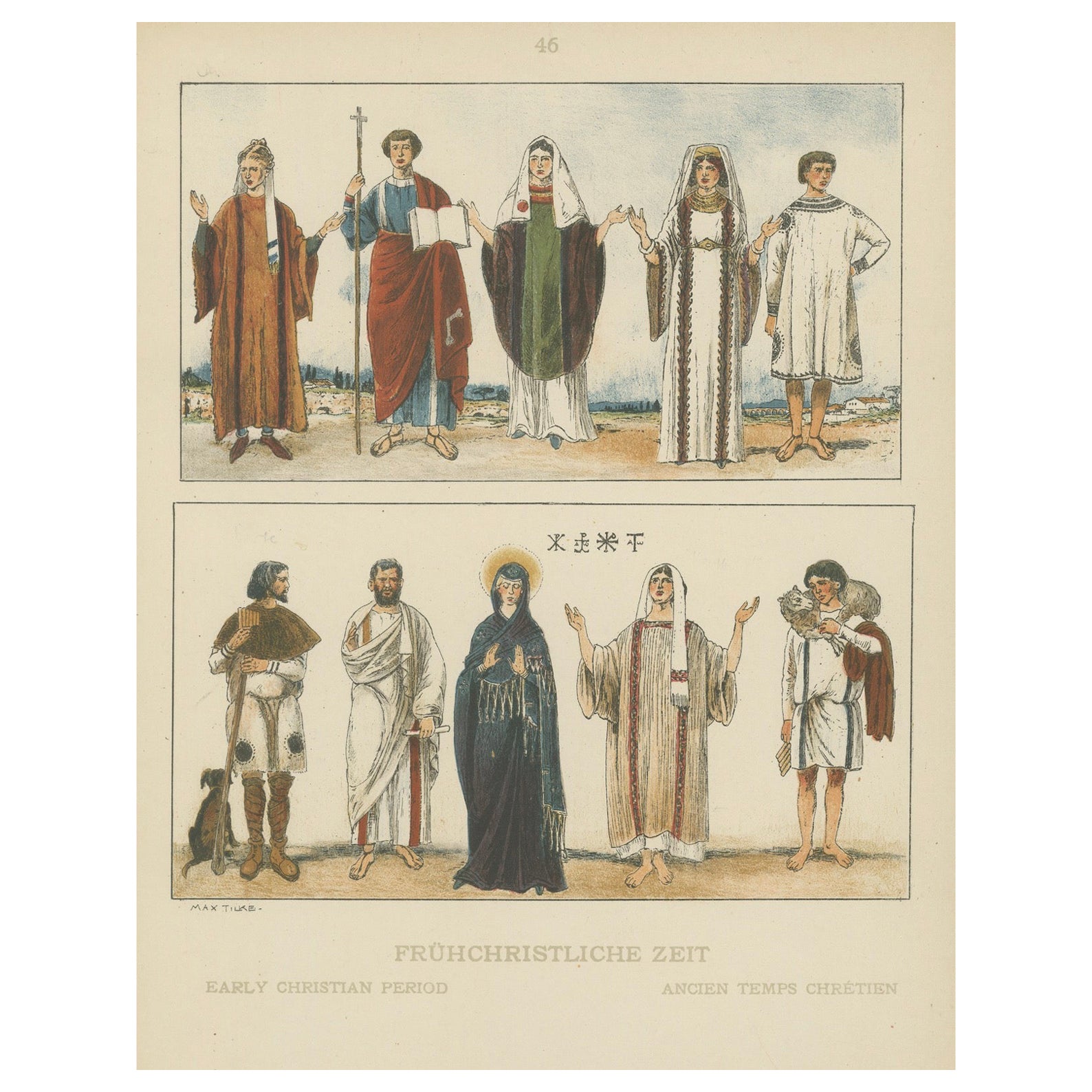 Frühchristlicher Kostümteller, antiker handkolorierter Druck um 1880