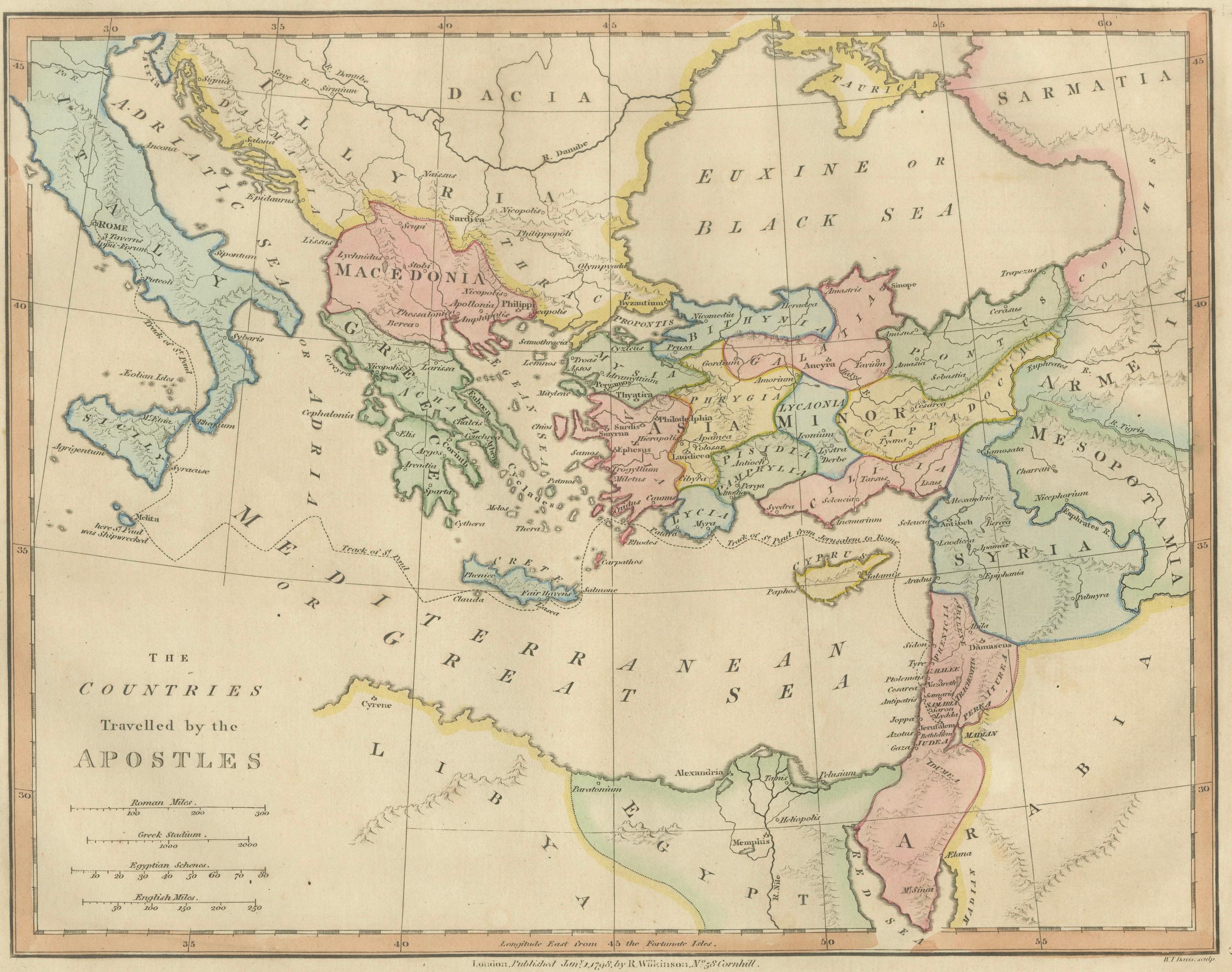Early Christian World Biblical Map — Travels of the Apostles, Antique, 1798