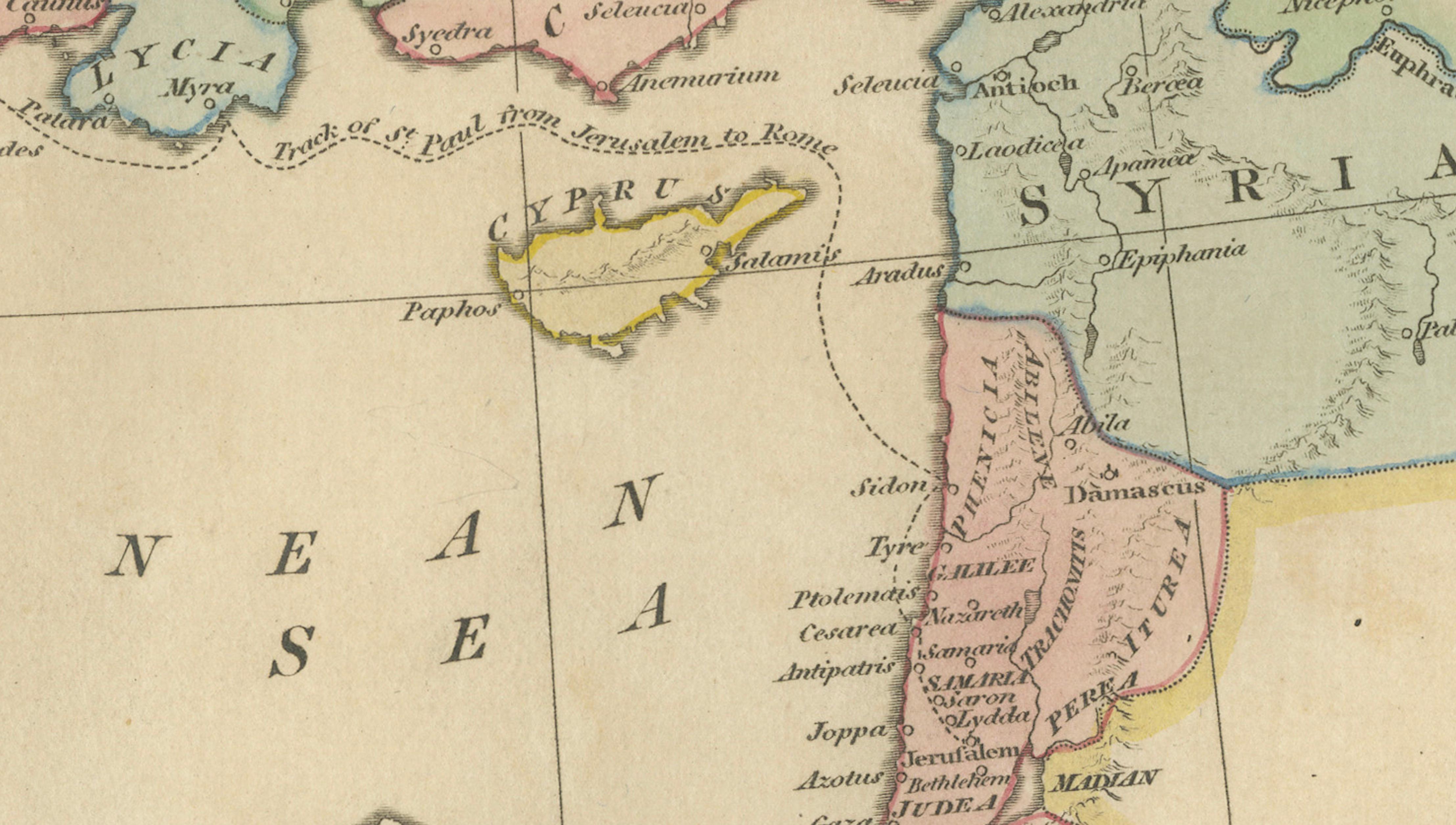 Early Christian World Biblical Map — Travels of the Apostles, Antique, 1798